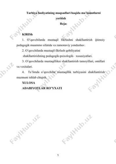 tarbiya faoliyatining maqsadlari haqida ma’lumotlarni yoritish — DOC