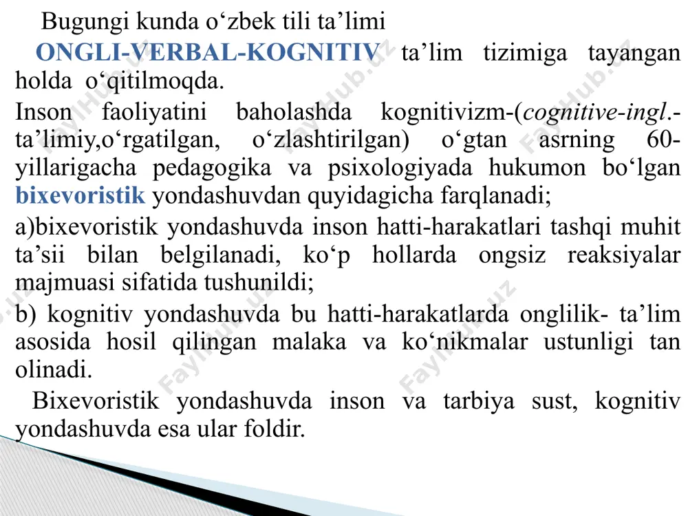 vchi va o‘quvchilarning birgalikda ishlashi; – o‘rganilgan bilimlarni qo‘llab, topshiriqlarni bajarish; – mavzu yuzasidan yakunlovchi xulosa chiqarish. ona tili ta’limi jarayonida muammoli vaziyat quyidagi hollarda yuzaga keladi: noma’lumni izlab topish, qiyinchilikni bartaraf etish zaruriyati tug‘ilganda; ona tilidan egallangan bilimlarni yangi sharoitda qo‘llash ehtiyoji yuzaga kelganda; muammoli topshiriq bilan uni bajarish usuli o‘rtasida nomutanosiblik vujudga kelganda. . professor b. to‘xliyev ta’lim metodlarini quyidagicha tasnif qiladi: 1. tayyor bilimlar bilan qurollantirish metodi: – darslik va o‘quv qo‘llanmalarga asoslanish; – ko‘rgazmali didaktik vositalarga asoslanish (audio-video kassetalar, muayyan mavzudagi magnitofon yozuvlari, ona tilidan slayd-jadvallar, o‘quv kompyuter disketlari, dars mavzularini yoritish uchun mo‘ljallangan o‘quv rasmlari, portret, peyzaj (rang-tasvir), tayyor badiiy-ramziy, ma’rifiy matnlar). 2. yo‘naltiruvchi ta’lim metodi. o‘quvchi faoliyatini bosqichli, sistemali yo‘naltiruvchi (yozma va og‘zaki) topshiriqlar asosida jadallashtirish. . . . 3. muammoli ta’lim metodi. 4. ongli - verbal - kognitiv ta’lim metodi. yuqoridagi ta’lim metodlariga asoslangan holda o‘quvchi faoliyatini quyidagicha tasniflaydi: 1. ongli kuzatish va …