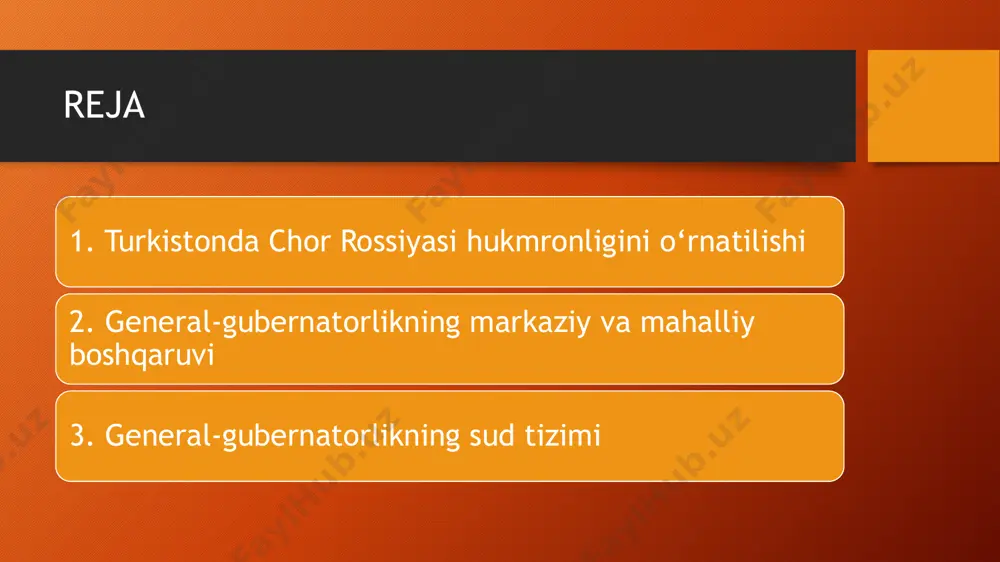 tashkil etdi. imperiyaning boshqaruv mexanizmi: ushbu tizim imperiyaning markaziy hokimiyati va hududiy boshqaruv o‘rtasidagi bog‘lanishni ta’minlab, rossiya imperiyasining siyosiy va iqtisodiy manfaatlarini turkiston hududida yanada mustahkam o‘rnatish imkonini berdi. general-gubernatorlik tizimi orqali imperiya o‘z hukmronligini butun mintaqa bo‘ylab bir xilda nazorat qilishga erishdi. huquqiy nizolarni hal etish va qonun tartibini ta’minlash: imperiya tomonidan o‘rnatilgan sud organlari turkiston hududida yuzaga kelgan nizolarni, jinoyat va fuqarolik ishlarini hal etish uchun tashkil etildi. bu orqali mahalliy aholi orasida imperiyaning huquqiy me’yorlarini tatbiq etish, tartibni saqlash va ijtimoiy nizolarni tinch yo‘l bilan hal qilish maqsad qilingan. imperiyaning huquqiy me’yorlarini joriy etish: general-gubernatorlikning sud tizimi, rossiya imperiyasining qonunlari va tartib-qoidalari asosida tashkil etilgan. bu tizim orqali mahalliy an’anaviy huquqiy tartiblar imperiyaning markaziy qonun hujjatlariga moslashtirilib, yagona huquqiy doira yaratildi. natijada, imperiya siyosiy manfaatlari va markaziy nazorat kuchaytirildi. markaziy va mahalliy sud organlari o‘rtasidagi bog‘lanish: sud tizimi markaziy boshqaruvga bog‘liq bo‘lib, imperiya tomonidan tayinlangan yuqori darajadagi …