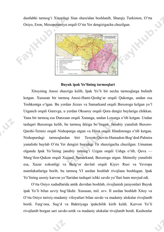 ipakchilik kirib keldi. karvon yo’li rivojlanib borgan sari savdo-sotik va madaniy alokalar rivojlanib bordi. kushonlar va eftalitlar davriga kelib (i-vi asrlar), o’rta osiyo orqali utuvchi ipak yo’li tarmoqlari nazoratini mahalliy sukdiy axoli kulga oladilar. qushni davlatlar ham ipak yo’lidan manfaatdor bulganligi sababli ilk o’rta asrlarda eron va vizantiya xukmdorlari sug‘diylar bilan konli kurashlar olib bordilar. milodning boshlarida kadimgi dunyoning ilg‘or madaniyatli davlatlari asosan turttaga: rim, parfiya, xitoy va kushon davlatlariga bulinar edi. g‘arbda britan orollaridan sharqda tinch okeani soxillarigacha chuzilgan bu zabardast saltanatlar insoniyat tarixida birinchi bulib «buyuk ipak yo’li» deb nomlanuvchi yo’l bilan bog‘landilar. ipak yo’li rivojlanib borgan sari podsholarning o’zaro elchilar yuborishlari, bir-birlariga har xil sovg‘alar in’om etishlari an’anaga aylandi. savdo-sotik misli kurilmagan darajada rivojlanib bordi. shuningdek, sharq bilan o‘arb madaniyatining bir-biriga ta’siri kuchaydi. davlatlar rivojlanishidagi ko’plab madaniy uxshashliklar ham shu tufayli yuzaga keldi. buyuk ipak yo’li buylab ko’plab karvonsaroylar, shaharlar barpo etildi. bu yo’ldan borayotgan savdogarlar ko’pincha …