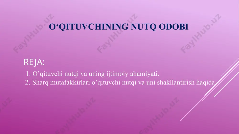 osida shakllanadi. ayniqsa, yozma va ogzaki nutqni rivojlantira olgan odamgina erkin va mustaqil fikrlay oladi. nutq, aynan o’qituvchi nutqi, jamiyat madaniy – ma‘rifiy taraqqiyotining, shaxs ma‘naviy kamolotining muxim belgisidir. o’zbekiston respublikasining «davlat tili haqida»gi, «ta‘lim to’g’risida»gi qonunlari, «kadrlar tayyorlash milliy dasturim» va boshqa xujjatlarda ta‘lim tizimining barcha bosqichlarida yosh avlodda nutq madaniyati malakalarini shakllantirish va takomillashtirish masalalariga ham katta e‘tibor berilgan. birinchi prezidentimiz i.a.karimov o’zbekiston oliy majlisining ix sessiyasida so’zlagan nutqida bunday deb ta‘kidlagan edi : « o’z fikrini mutlaqo mustaqil ona tilida ravon, go’zal va lo’nda ifoda eta olmaydigan mutaxassisni, avvalambor, raxbar kursisida o’tirganlarni bugun tushunish ham, oqlash ham qiyin». ayniqsa, o’qituvchining nutq madaniyati bizning tugunmas til boyligini egallash darajamizdir. o’qituvchi nutqining madaniyatliligini ta‘min etadigan to’g’rilik, soflik, aniqlik, mantiqiylik, ifodalilik, rang – baranglik kabi bir qancha sifatlar mavjud. o’qituvchi nutqi, nutqning ana shu sifatlarini va texnikasini o’quvchilarga o’rgatadi. o’qituvchi nutqini o’quvchilarga o’rgatishdan maqsad o’quvchi va talabalarni ta‘lim – tarbiya …