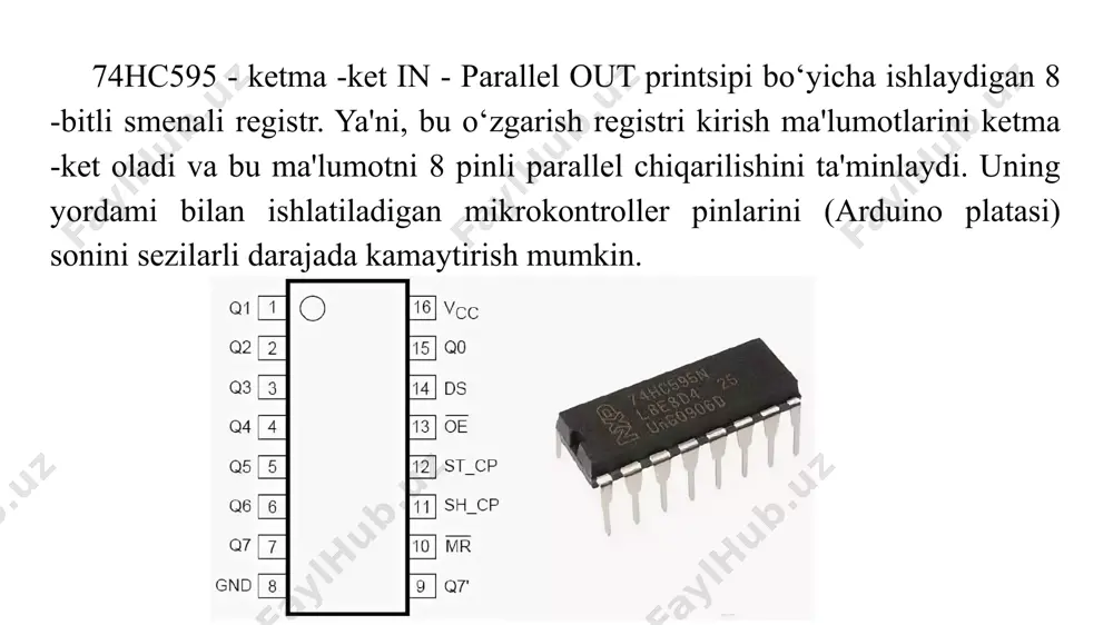 iga ulang. 13 -pin (oe) chiqishlarni yoqish uchun ishlatiladi, chunki biz to‘g‘ridan -to‘g‘ri yerga ulashimiz mumkin bo‘lgan faol past kontakt. keyin biz smenali registrni boshqaradigan uchta pinni ulashimiz kerak: 74hc595 smenali registrining 11 -pin (srclk) arduinodagi 11 -piniga - bu "sinxronlash pimi" deb nomlanadi. shift registrining 12 -pin (rclk) arduinodagi 12 -piniga - bu "pin mandal" deb nomlanadi. shift registrining arduinodagi 13 -pinli 14 -pin (ser) - bu "ma'lumotlar pimi" deb nomlanadi. ushbu uch pin ham bitlarni almashtirish uchun ishlatiladi. arduino shiftout deb nomlangan smenali registrlar uchun yordamchi funktsiyani taqdim etadi. endi barcha chiqish pinlarini led larga ulash kerak, tokni pasaytirish uchun ledlarning qarshisiga rezistor qo‘yilishini va ledlarning katodlari yerga ulanshini ta'minlash kerak. simlarni chalkashtirib yubormaslik uchun rezistorlar va ledlarni alohida plataga joylashtirish kerak. arduinoga o‘rnatilgan tugmacha led bilan shunday ko‘rinishga ega: 74нс595 registri mikrosxemasi orqli 4 razryadli matritsani boshqarish. 4 xonali yetti segmentli displey bitta qurilmada birlashtirilgan to‘rtta yetti …