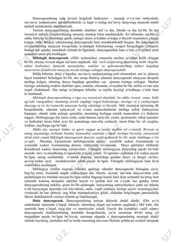 ay masalaga, tashvishli murakkab holatlarda ham aql ko‘zi bilan qarash demakdir bu falsafaning predmeti va uning o‘zgaruvchan xarakteri bilan bog‘liq. chunki, olam va odam, ularning ibtido va intihosi, hayoti va o‘zaro munosabatlari, inson tafakkuri, tabiat va jamiyat taraqqiyotining umumiy qonuniyatlari umumbashariy fan sifatida falsafaning azaliy bahs mavzulari va asosiy muammolaridir. shuningdek, muayyan davrda tug‘ilib, hal etiladigan o‘tkinchi muammolar abadiyatga dahldor bo‘lmasa-da, o‘z davri talab va ehtiyojlaridan kelib chiqqani uchun muhim ahamiyat kasb etadi. dunyoqarash tushunchasi, uning tuzilishi va tarixiy shakllari. dunyoda hayot, o‘lim, tug‘ilish, oxirat to‘g‘risida o‘ylab, mulohaza yuritib ko‘rmaydigan birorta ham inson bo‘lmasa kerak. falsafa, biz yashab turgan hayot ma’nosini tushunishga yordam beradi hamda o‘z ruhimizni bardam-baquvvat tutib, uni mustahkamlashga ko‘maklashadi. isoniyat yaratilgandan boshlab insonning ancha rivojlangan dunyoqarashi shakllangani haqida va umuman to‘plangan bilimlar, amaliy ko‘nikmalar, vujudga kelgan qadriyatlar, o‘zi va o‘zini qurshagan dunyo haqidagi tasavvurlar majmui sifatidagi odamlar dunyoqarashi to‘g‘risida ishonch bilan so‘z yuritish mumkin. dunyoqarash deb – …