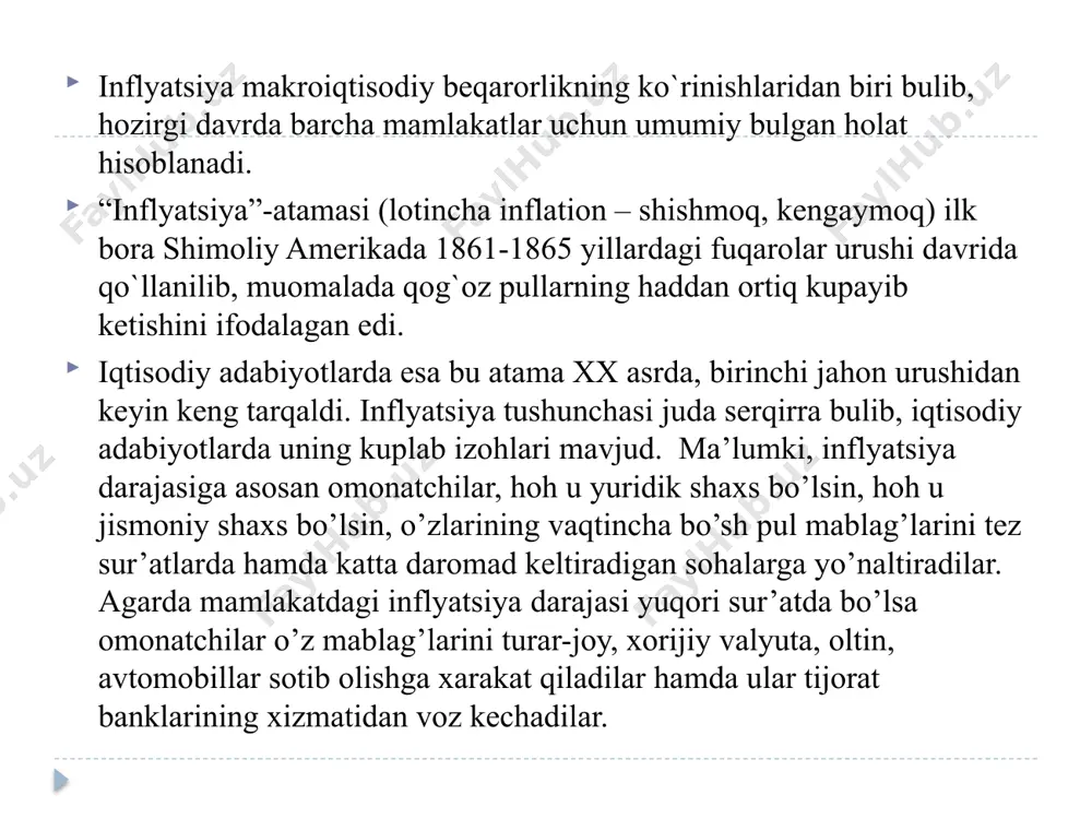 i: 1) oltin qazib olish texnologiyasi takomillashib, yangi texnikalarni qullagan holda mehnat unumdorligining oshishi va, binobarin, oltin qiymat ining pasayishi natijasida. agar boshqa tovarlar qiymati uzgarmagan holda oltin qiymati ikki barobar pasaygan, deb faraz qilsak, u holda tovarlar odatdagi hajmlarining muomalasi uchun ikki barobar ko`proq oltin pul kerak buladi. demak, bu holatda tovarlar narxi oshib, oltin pulning qadrsizlanishi ruy beradi. 2) ba`zi iqtisodchilar metall pullarning qadrsizlan ishini qadimdan ma`lum bulgan metall pullarni soxtalashtirish jarayoni bilan ham bog`laydilar. qadimgi gretsiya, rim imperiyasida eramizga qadar va keyinchalik boshqa davlatlarda ham oltin va kumush tangalar tarkibini nisbatan arzon metallar aralashtirish yoki ular-ning og`irligini o`zgartirish orqali soxtalashtirish holatlari uchrab turgan. bu esa metall pullarning uz qadrini yuqotishini keltirib chiqargan. boshqa holatlarda oltin yoki kumush pullar muomalada bulgan chog`da ularning qadrsizlanishi, ya`ni inflyatsiya jarayoni ro`y bermaydi. iqtisodiyotdagi tovar va xizmatlar hajmidan ortiqcha bulgan pul massasi – oltin va kumush tangalar xazinaga aylanadi. inflyatsion risk inflyatsiya …