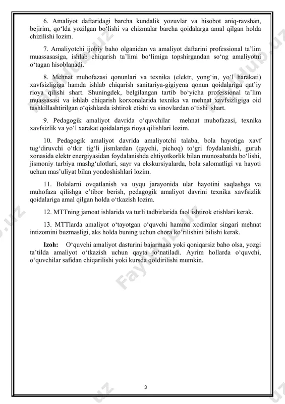 ng f.i.o) malakaviy pedagogik amaliyoti bo‘yicha amaliyot kundaligi amaliyot rahbarlari: universitetdan:_______________________________________________________________ (lavozimi f.i.o) qabul qiluvchi tashkilot (muassasa) dan: _____________________________________________________________________________ (lavozimi f.i.o) amaliyot davomiyligi________________________________________________ talabaning malakaviy amaliyot kundaligi otm o‘quv-uslubiy kengashining 20___ yil_______ ____________________________ dagi _________ -sonli yig‘ilishida muhokama qilingan va tasdiqlangan. amaliyot o‘tash joyi: _____________________________________________________viloyat (shahar) ____________________________________________________________ tumani _____________________________________________________________________________ (qabul qiluvchi tashkilot (muassasa) nomi) _____________________________________________________________________________ amaliyotning boshlanishi: _______________________________ 202______ yil. amaliyotning tugashi: _______________________________ 202______ yil. asos: 1. qo‘qon universitetining ___________202______ yildagi № _________ -sonli buyrug‘i; 2. qabul qiluvchi tashkilot (muassasa) ning_________________________________________________________________________________________________________________________________ maktabgacha ta’lim tashkilotida kun tartibi va ta’limiy o‘yin faoliyatini kuzatish savolliklari. ”ertalabki davrani” rejalashtirish va kuzatish savolliklari: * ertalabki qabul. * bolalar bilan suhbat *o‘yin. * ertalabki badan tarbiya 1. tarbiyachi tomonidan bolalarni kutib olinish, kiyinishi, tozaligi, muomalasi: 2. bolalarni qabul qilishda ularning o‘ziga xos hususiyatlari: bolalar ruhiyatiga e’tibor berilishi. 3. qabul jarayonida shifokor, hamshiraning ishtiroki; 4. bolalar bilan suhbat jarayonini tashkillanishi,suhbat mavzularining tanlanganligi (suratli kitoblar, fotoal’bomlar ko‘rish); 5. …