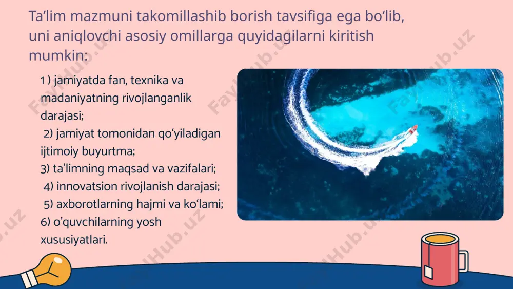 arini belgilash; 4 ) kadrlarni maqsadli va sifatli tayyorlash uchun ta’lim, fan va ishlab chiqarishning samarali integratsiyasini ta’minlash; 5 ) ta’lim va uning pirovard natijalari, o'quvchilarning malaka talablarini egallaganlik darajasini tizimli baholash tartibini, shuningdek ta’lim-tarbiya faoliyati sifatini nazorat qilishning huquqiy asoslarini takomillashtirish; 6 ) davlat ta’lim standartlari talablarining ta’lim sifati va kadrlar tayyorlashga qo'yiladigan xalqaro talablarga muvofiqligini ta’minlash. davlat ta’lim standarti quyidagi asosiy tamoyillarga asoslanadi: 1 )o'quvchi shaxsi, uning intilishlari, qobiliyati va qiziqishlari ustuvorligi; 2 ) umumiy o'rta ta’lim mazmunining insonparvarligi; 3)davlat ta’lim standartining ta’lim sohasidagi davlat va jamiyat talablariga, shaxs ehtiyojiga mosligi; 4 )umumiy o'rta ta’limning boshqa ta’lim turlari va bosqichlari bilan uzluksizligi va ta’lim mazmunining uzviyligi; 5 )umumiy o‘rta ta’lim mazmunining respublikadagi barcha hududlarda birligi va yaxlitligi; 6 )umumiy o‘rta ta’limning mazmuni, shakli, vositalari va usullarini tanlashda innovatsiya texnologiyalariga asoslanilganligi; 7 )o‘quvchilarda fanlarni o‘rganish va ta’lim olishni davom ettirish uchun tayanch va fanlarga oid umumiy kompetensiyalarni rivojlantirishning ta’minlanganligi …
