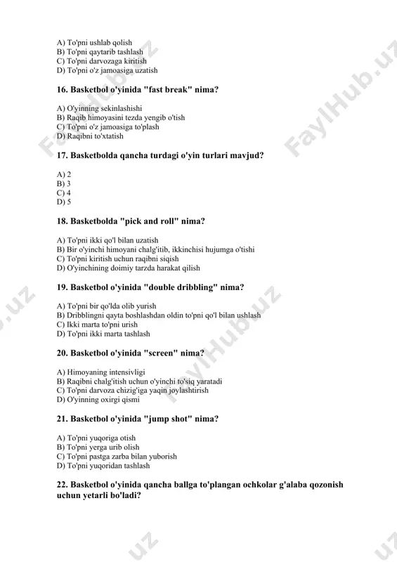 bol o'yinida "block" nima? a) to'pni to'xtatish yoki blokirovka qilish b) to'pni yuqoriga tashlash c) to'pni jarima maydonidan tashlash d) to'pni raqib darvozasi yaqiniga olib borish 29. basketbol o'yinida "shot clock" nima? a) to'pni tashlash vaqti uchun limit b) o'yin vaqti c) o'yinchi almashinuvi d) jamoa kapitani uchun vaqt 30. basketbol o'yinida "full-court press" nima? a) o'yinchilarni faqat himoya qilish b) barcha jamoa o'yinchilari raqibni to'liq maydon bo'ylab siqib chiqarishga harakat qiladi c) jarima maydonida himoya qilish d) to'pni raqib jarima maydoniga olib borish