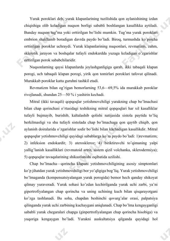 . yurak sohasi ko’zdan kechirilganda yurak uchi zarbi, ya’ni gipertrofiyalangan chap qorincha va uning uchining kuch bilan qisqarayotgani ko’zga tashlanadi. bu soha, chapdan beshinchi qovurg’alar orasi, palpatsiya qilinganda yurak uchi zarbining kuchaygani aniqlanadi. chap bo’lma kengayganligi sababli yurak chegaralari chapga (ginpertrofiyalangan chap qorincha hisobiga) va yuqoriga kengaygan bo’ladi. yurakni auskultatsiya qilganda quyidagi hol aniqlanadi: sistolik ton (chap bo’lma—qorincha klapani tavaqalarining yopilish tovushi) susaygan bo’ladi, chunki mazkur klapan tavaqalarining shakli o’zgargan va yopiq klapanlar davri degan davr bo’lmaydi. yurak uchi ustida sistolik shovqin qayd qilinadi, bu shunga bog’liqki, chap qorincha sistolasida qon faqat aortaga emas, balki chap bo’lma bilan qorincha o’rtasida shakli o’zgarib ketgan klapan tavaqalari bilan yaxshi bekilmay qolgan teshik orqali chap bo’lmaga ham tushadi, kichik qon aylanish doirasida qon dimlanishi boshlanib kelayotganda o’pka stvoli ustida diastolik ton kuchayib qoladi, chunki o’pka stvoli klapanlari ortiqcha qarshilikni kuch bilan yengadi. ekg (elektrokardiogramma)da qopqoqlar yetishmovchiligi va kichik qon aylanish doirasida qon bosimining …