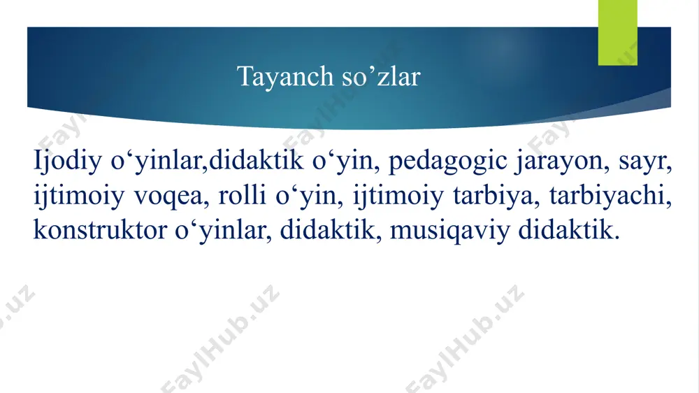 gilanadi. sahnalashtirilgan o'yin bolalarning eshitgan asar yoki ertakdan olgan tasavvurlarini mustaqil ifodalash hamda mashq qilish imkonini beradi. bu o'yinlar bolalarda iroda, intizom, o'z harakatlarini boshqalarning harakatiga muvofiq amalga oshirish kabi sifatlarni tarbiyalashda samarali vosita hisoblanadi. qurilish o‘yinlar qurilish o'yinlari ham ijodiy o'yinlar sirasiga kiradi. ularda bolalar atrof-muhitdagi buyumli dunyo haqidagi taassurotlarini aks ettiradilar, mustaqil tarzda turli narsalar yasaydilar, bunyod etadilar. qurish-yasash o'yinlarida bir xil buyumlarning boshqalari bilan almashinishi yuz beradi. kichik va o'rta guruh yoshidagi bolalarda qurilish o'yinlari rolli o'yinlar bilan bog'lanib ketadi. qurilish o'yinlari samarali faoliyat hisoblanib, bolalarda bunyod etilgan inshootni mavjud buyum va narsalar, inshootning qurilishiga asos bo'lib xizmat qilgan tasavvur bilan qiyoslash, taqqoslash ko'nikmalarini shakllantirishga imkon beradi. u bolalarda kuzatuvchanlikni rivojlantirishga yordam beradi. 3. qoidali o'yinlar. didaktik harakatli musiqiy didaktik o'yin - bu maktabgacha yoshdagi bolalarning yosh va imkoniyatlariga mos keladigan ta'lim berish metodidir. tajribali tarbiyachi bu o'yindan passiv bolalarni jamoaga aralashtirish, har xil rejalar, vazifalarni qo'rqmasdan …