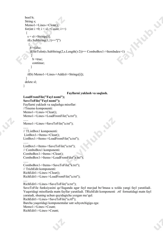 stcall tform1::combobox1change(tobject *sender) { tstringlist *sl =new tstringlist; sl->loadfromfile("dars.txt"); bool b; string s; memo1->lines->clear(); for(int i =0; i count; i++) { s = sl->strings[i]; if(s.substring(1,1)=="[") { b =false; if(strtoint(s.substring(2,s.length()-2))== combobox1->itemindex+1) { b =true; continue; } } if(b) memo1->lines->add(sl->strings[i]); } delete sl; } fayllarni yuklash va saqlash. loadfromfile("fayl nomi"); savetofile("fayl nomi"); fayllarni yuklash va saqlashga misollar: //tmemo komponenti: memo1->lines->clear(); memo1->lines->loadfromfile("a.txt"); ...... memo1->lines->savetofile("a.txt"); ...... // tlistbox1 komponenti: listbox1->items->clear(); listbox1->items->loadfromfile("a.txt"); ...... listbox1->items->savetofile("a.txt"); // combobox1 komponenti: combobox1->items->clear(); combobox1->items->loadfromfile("a.txt"); ...... combobox1->items->savetofile("a.txt"); // trichedit komponenti: richedit1->lines->clear(); richedit1->lines->loadfromfile("a.txt"); ..... richedit1->lines->savetofile("a.txt"); savetofile funksiyasini qo‘llaganda agar fayl mavjud bo‘lmasa u xolda yangi fayl yaratiladi. yuqoridagi misollarda matn fayllar yaratiladi. trichedit komponenti .rtf formatidagi matn fayl yaratadi, shuning uchun quyidagicha yozgan ma’qul: richedit1->lines->savetofile("a.rtf"); barcha yuqoridagi komponentalar satr schyotchigiga ega: memo1->lines->count; richedit1->lines->count; listbox1->items->count; combobox1->items->count; barcha komponentlar satrlarni o‘chirish, qo‘shish imkoniyatini beradi (ikkinchi satrni o‘chirish va o‘rniga yangi satr qo‘yish va ro‘yxat oxiriga yangi satr kiritishga misol): ansistring s="yes"; if (memo1->lines->count >= …