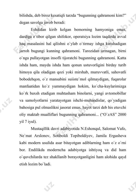 ”, ne`mat arslonning “mavhumot”, uyg`un ro`ziyevning “atirgul” romanlari shular jumlasidandir. umuman, mustaqillik davrida yozilgan romanlarning ifoda jihatidan, uslubiy-shakliy o`ziga xosliklari jihatidan rang-barang ekanligi kishini quvontiradi. masalan, omon muxtor romanlarining yangicha mushohada tarzi, ramziylikning quyuqligi, tilning o`ziga xosligi bilan e`tiborni jalb etadi. asad dilmurodning “fano dashtidagi qush” romani milliy dunyoqarashning, badiiy tafakkurning ildizlarini eslatishi bilan, “zarbulmasal”ga xos yangicha ifoda yo`nalishi bilan diqqatga sazovor. “mustaqillik davrida jahon miqyosidagi taraqqiyotga erishdik” deb bong o`rayotganlar ham yo`q emas. “...xolis tanqid bo`lishi kerak. va undan ranjish shaxsiyatparastlik va kuchsizlikning ayni o`zidir. ammo mening fikrimcha, “noo`rin talqinlar” qanchalik tanqid qilinmasin, o`rinli talqinga aylana qolmaydi. qo`ldan kelsa, yangi talqin, yangi tadqiqotlarni amalga oshiraverish lozim” (i.haqqul. «meros, mohiyat va talqinlar”, o`zas. 16 may, 20-son). biz o`z tariximizning sho`rolar davrini yakunlab, yangi mustaqillik davriga qadam qo`ydik. bu insoniyat tarixining navbatdagi bir asri oxiriga to`g`ri keldi: biz o`ta mafkuralashgan eski dunyo bilan, boshqa ilg`or mamlakatlar ancha avval tark etgan totalitar …