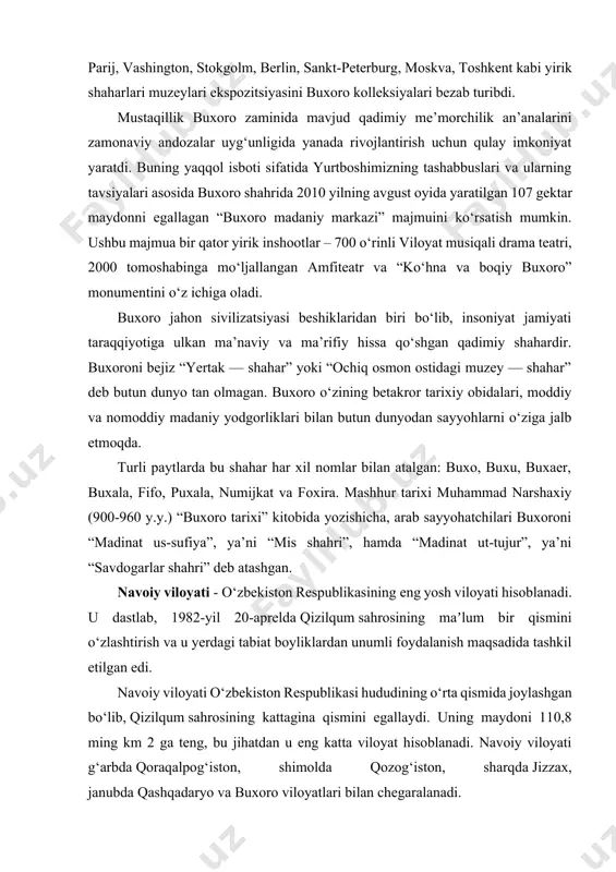 . navoiy viloyati o‘zbekiston respublikasi hududining o‘rta qismida joylashgan bo‘lib, qizilqum sahrosining kattagina qismini egallaydi. uning maydoni 110,8 ming km 2 ga teng, bu jihatdan u eng katta viloyat hisoblanadi. navoiy viloyati g‘arbda qoraqalpog‘iston, shimolda qozog‘iston, sharqda jizzax, janubda qashqadaryo va buxoro viloyatlari bilan chegaralanadi. navoiy viloyati tarkibida 8 qishloq tumani (konimex, navbahor, navoiy, nurota, tomdi, uchquduk, xatirchi, qiziltepa, 5 shahar (zarafshon, qiziltepa, navoiy, nurota, uchquduq), 8 shaharcha (konimex, langar, malikrabot, muruntov, tinchlik, shalqar, yangirabot, g‘ozg‘on) bor. markazi — navoiy sh. navoiy viloyatida mineral shifobaxsh, sho‘r va yer osti chuqur suv zaxiralari aniqlangan. navoiy viloyatini suv bilan taʼminlashda quyimozor, to‘dako‘l suv omborlari, konimex kanalining ahamiyati katta. viloyatning shim. va g‘arbiy katta qismi ko‘chma qum barxanlari, unda-bunda uchraydigan gilli cho‘llardan iborat. astragal, shuvok, sho‘ra, isirik, qamish, zarpechak, saksovul, yulg‘un, va b. cho‘l o‘simliklari o‘sadi. bukantovda va mingbuloq botig‘ida qobon, bo‘ri, chiyabo‘ri, tulki, uzun dumli mushuk, cho‘l mushugi, boshqa yerlarda malla yumronqoziq, …