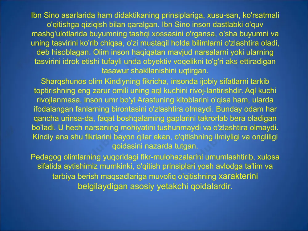 g muhim o'zgarishlarni ilmiy jihatdan aniq bayon qilish katta ahamiyatga molikdir. biz o'quvchilarimizni hayotga, jamiyat qurilishida qatnashishga tayyorlaymiz. shuning uchun ta'lim amaliy hayot bilan bog'lanishi kerak. hozirgi paytda nazariyani amaliy hayot bilan bog'lash prinsipi alohida ahamiyatga ega. shunga ko'ra, uni ta'lim-tarbiya ishining hamma yo'nalishlarida amalga oshirish zarur. forobiy har qanday fanni ikki qismga, amaliy va nazariy qismlarga ajratgan. mana shu qismlarni qisqacha sharhlashda ular­dan hayotda foydalanish imkoniyatlarini hisobga olgan. uning amaliy va nazariy qismlarga bergan ta'riflaridan ta'limni amaliy yo'nalishda olib borish va hayotga, kishilarning kundalik faoliyatiga bog'lash fikri tug'iladi. ta'limning amaliy hayot bilan bog'lanish prinsipi nazariyani amaliy hayot bilan bog'lash prinsipini ro'yobga chiqarish uchun quyidagi tadbirlar amalga oshirilishi kerak: a o'rganiladigan materialni o'quvchilarning shaxsiy tajribasi va kuzatishlari bilan, quyi sinflarda esa ularning o'yinlari bilan bog'lash darker, chunki kichik maktab yoshidagi o'quvchilarni o'qitish albatta o'yin faoliyatini talab qiladi; b ta'limni atrofdagi hayot bilan, yangi jamiyatni qurish amaliyoti bilan bog'lash; d nazariyani …