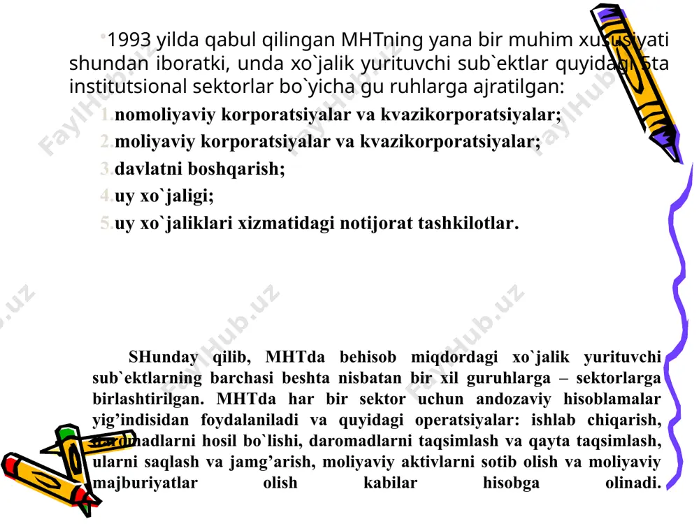 8 66,6 72,6 iqtisodiy o`sish darajasi ko`rsatkichlaridan mamlakatning u yoki bu davrdagi o`sish tendentsiyalarini o`rganish, olib borilayotgan iqtisodiy siyosatning samaradorligini o`rganish uchun foydalaniladi. masalan, mdh mamlakatlarida yaim (o`zgarmas baholarda, 1991-yilga nisbatan foiz hisobida) dinamikasi ma`lumotlar asosida mdh mamlakatlarini yaim hajmini o`sish sur`atlari bo`yicha ikki guruhga ajratish mumkin: 1) 1991 yil darajasiga etib, o`tib ketgan mamlakatlar: o`zbekiston, qozog’iston, armaniston va belorussiya; 2) 1991 yil darajasiga etmagan mamlakatlar: ozarbayjon, gurjiston, qirg’iziston, moldova, rossiya, tojikiston va ukraina. mdh davlatlari ichida yaim ko`rsatkichi bo`yicha eng yuqori darajaga erishgan mamlakat o`zbekiston bo`lib, uning yaim (o`zgarmas baholarda) 1991 yilga nisbatan 127,7%ni tashkil etdi. moldova esa yaim endi 57,0%ni tashkil etdi, xolos. o`zbekiston yaimning mintaqaviy tuzilishida eng katta ulush toshkent shahrida ishlab chiqarilgan yalpi mahsulotga tegishli bo`lib, respublika yaim umumiy hajmiga nisbatan 17,0 foizni (2000 yilda – 11,6 foiz) tashkil qildi, uning ko`payishi qurilish va sanoat tarmoqlarining yuqori o`sish sur`atlari (tegishli ravishda 7,3 foiz va 7,0 foiz) …