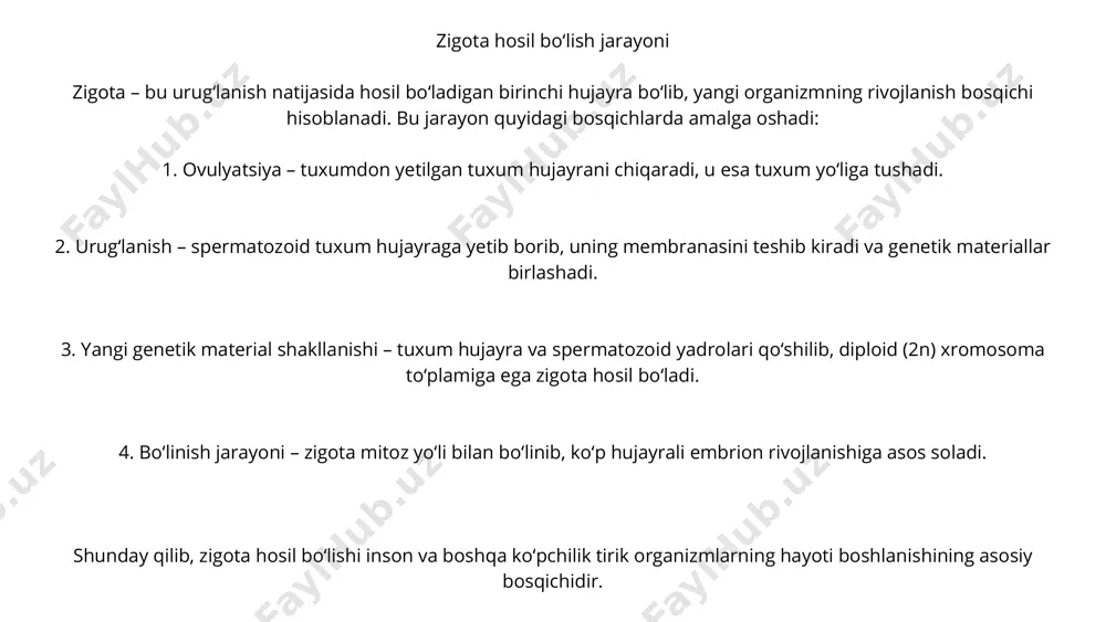 lay o‘rab oladi. bu eng chuqur implantatsiya turi hisoblanadi. kimlarda uchraydi? odam, maymun, mushuk, it kabi ba’zi yirik sutemizuvchilarda. ushbu implantatsiya turlari hayvonlarning homiladorlik davomiyligi va embrion rivojlanishiga ta’sir qiladi. maydakashlik (segmentatsiya) jarayoni – bu urug‘langan tuxum hujayra (zigota) mitoz bo‘linish orqali mayda blastomer deb ataluvchi hujayralarga bo‘linish jarayoni. bu bosqich homilaning dastlabki rivojlanish bosqichi bo‘lib, u quyidagi bosqichlardan iborat: 1. bo‘linish bosqichi (segmentatsiya) zigota bir necha marta mitoz yo‘li bilan bo‘linib, blastomerlar deb ataluvchi hujayralarni hosil qiladi. hujayralar soni ortadi, lekin umumiy hajm o‘zgarmaydi (chunki har bir yangi hujayra kichikroq bo‘ladi). 2. morula bosqichi blastomerlar ko‘payib, uzumga o‘xshash hujayralar to‘plami hosil qiladi. bu tuzilma morula deb ataladi. 3. blastula bosqichi blastomerlar o‘sishda davom etib, ichki bo‘shliq (blastotsel) shakllanadi va blastula hosil bo‘ladi. bu bosqichda embrion ichida suyuqlik bilan to‘lgan bo‘shliq pay maydakashlik jarayoni har xil hayvonlarda turlicha kechadi va ularning tuxum hujayrasidagi sariq modda (yolk) miqdoriga bog‘liq. shu asosda …