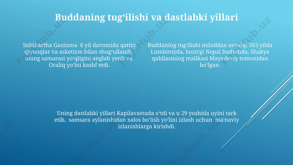 dan biri – bodxisattvalarning 37 ta amaliyotlari orqali nuronaniylikka erishish va nihoyat, butun olamni ozod qilishdir. vajrayana buddizmi 8-asrda tibetda, hindiston va xitoydan kelgan taʼsirlar asosida shakllangan boʻlib, maxsus tantrik amaliyotlarga, mandalalarga va 5 budda oilasiga eʼtiqodni oʻz ichiga oladi. tibetdagi vajrayana buddizmining rivojlanishi davomida 100 dan ortiq turli maktab va anʼanalar paydo boʻldi, ularning har biri oʻziga xos amaliyot va oʻqitish uslublariga ega. buddizmning markaziy osiyoga tarqalishi milodiy i asrdan boshlab, budda ta’limoti buxoro va samarqand kabi yirik shaharlar orqali markaziy osiyoga kirib, 200 yil ichida keng tarqaldi. kushan imperiyasi davrida (1-3 asrlar) gandhara san’ati uslubidagi buddist haykallari va afrasiab kabi joylarda topilgan arxeologik dalillar buddizmning mintaqada mavjudligini tasdiqlaydi. buddizmning markaziy osiyoga tarqalishi savdo yo‘llari, xususan buyuk ipak yo‘li orqali 5-8 asrlarda tezlashdi, bu davrda ko‘plab buddist monastirlar qurildi. e'tiboringiz uchun rahmat @taqdimot_robot