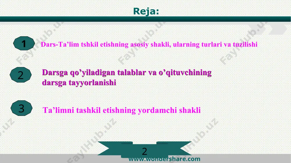 lish darsi. laboratoriya darslari. amaliy darslar. www.wondershare.com aralash darsning tuzilishi: i tashkiliy qism: salomlashish davomatni olish navbatchi axboroti siyosiy daqiqa ii asosiy qism: a) o’tilgan mavzuni takrorlash (uy vazifasini tekshirish); b) yangi mavzuni bayon qilish; c) o’rganilgan materialni mustahkamlash; d) o’quvchilarni baholash; e)uy vazifasini berish. iii yakuniy qism: a) rag’batlantirish; b) baholash; c) vazifa berish. www.wondershare.com yangi bilimlarni bayon qilish darsining tuzilishi: i tashkiliy qism salomlashish davomatni olish navbatchi axboroti siyosiy daqiqa ii asosiy qism: a) yangi mavzuni bayon qilish b) o’rganilgan materialni mustahkamlash; iii yakuniy qism: a) rag’batlantirish; b) baholash; c) vazifa berish. www.wondershare.com nazorat darslari umumlashtiruvchi darslar o’quvchilarning bilim, ko’nikma va malakalarini nazorat qilish darsining tuzilishi: i tashkiliy qism salomlashish davomatni olish ii asosiy qism: a) o’rganilganlarni umumiy tarzda takrorlash (yodga tushirish); b) nazorat ishini o’tkazish iii yakuniy qism: a) rag’batlantirish, daftarlarni yig’ib olish. www.wondershare.com laboratoriya darslarining tuzilishi: i tashkiliy qism salomlashish davomatni olish navbatchi axboroti siyosiy daqiqa …