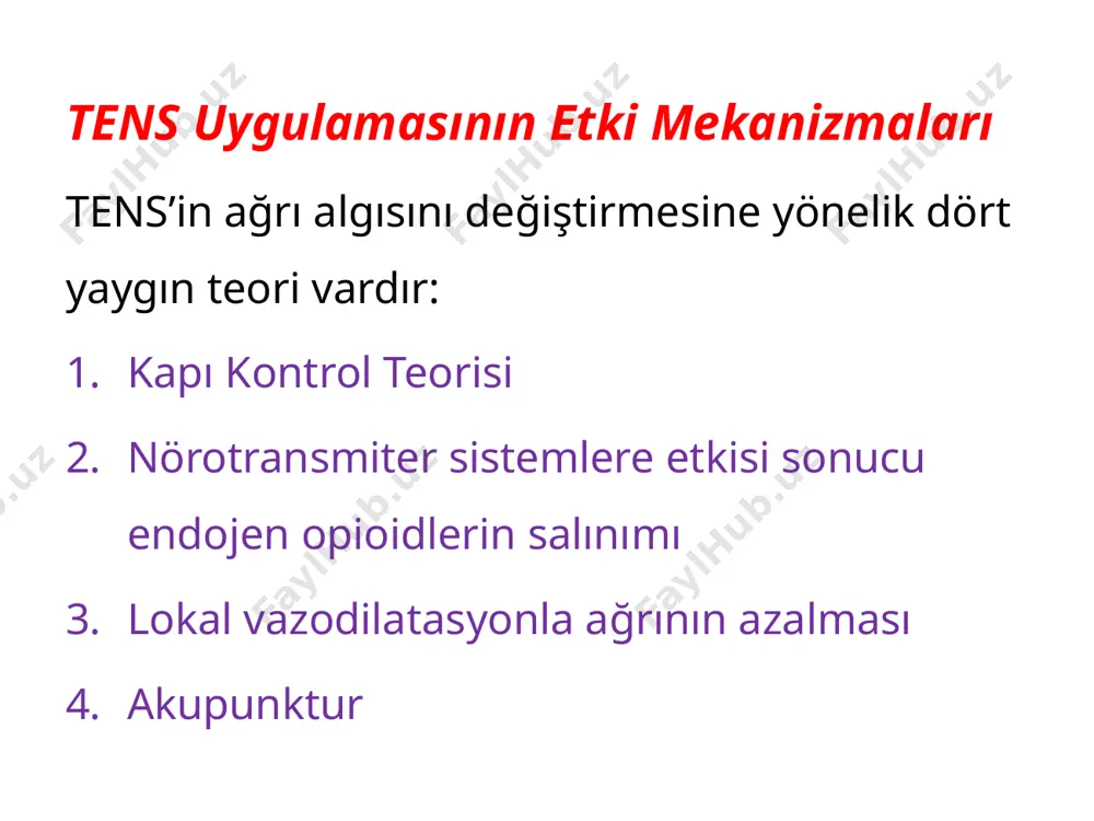 osteoartrit ankilozan spondilit.. ağrılı ve çeşitli jinekolojik sorunlar dismenore doğum esnası ve doğum sonrası ağrı tens endi̇kasyonlari - ii stroke sonrası omuz / kol ağrısı spastisitenin azaltılmasında parapleji sonrası ağrı bel ağrısı myofasyal ağrı sudeck atrofisi nevraljiler (herpes, trigeminal…) tens endi̇kasyonlari - iii periferal nöropatiler nöropatik ağrı migren / baş ağrısı ortopedik cerrahi girişim sonrasında amputasyon sonrası artroplastilerden sonra total eklem cerrahisi omurga cerrahisi sonrasında tens endi̇kasyonlari - iv toraks / abdominal cerrahi sonrası ürolojik cerrahi diş hekimliğinde fasyal ağrı kraniofasyal ağrı temporamandibuler ağrı akut orofasyal ağrı angina pectoris (unstabil, kronik ısrarlı) kırık sonrasında (ekstremite/kaburga …) tens kontrendi̇kasyonlari - uygulamada ortaya çıkan elektriksel interferans nedeniyle kalp pili olan kalp hastalarında (cihazın fonksiyonunu etkileyebilir) - kalbin yakınındaki torasik alanlara (aritmi ve fibrilasyon tehlikesi nedeniyle) –hamilelikte karın, gövde ve pelvis üzerine –mikrodalga fırınlarının yakınında tens uygulanmamalıdır. –karotid sinüslerin uyarılması sonucu hipotansiyona yol açabileceğinden boyun bölgesinde kontrendikedir. –elektronik cihaz implante edilmiş hastalar –larinks …