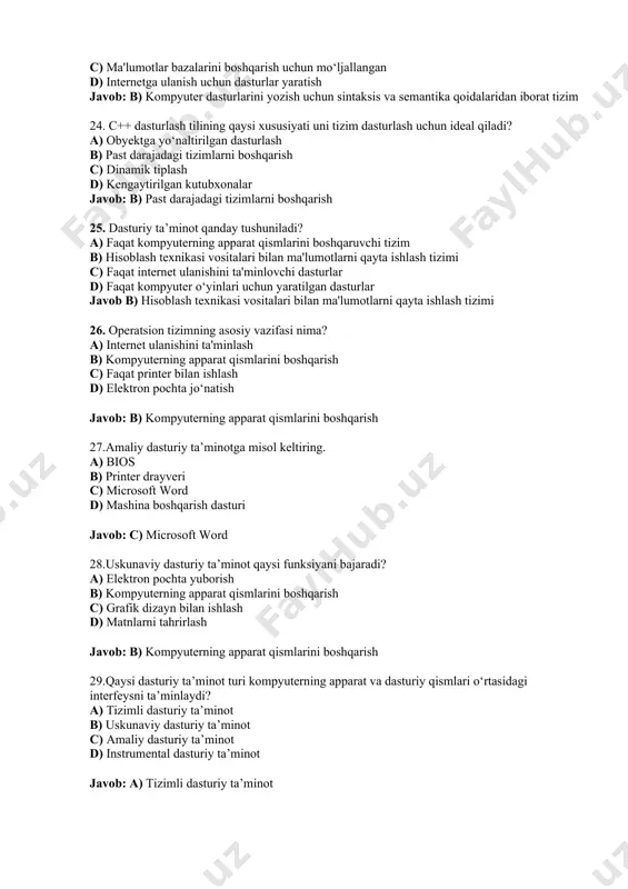un sintaksis va semantika qoidalaridan iborat tizim 24. c++ dasturlash tilining qaysi xususiyati uni tizim dasturlash uchun ideal qiladi? a) obyektga yo‘naltirilgan dasturlash b) past darajadagi tizimlarni boshqarish c) dinamik tiplash d) kengaytirilgan kutubxonalar javob: b) past darajadagi tizimlarni boshqarish 25. dasturiy ta’minot qanday tushuniladi? a) faqat kompyuterning apparat qismlarini boshqaruvchi tizim b) hisoblash texnikasi vositalari bilan ma'lumotlarni qayta ishlash tizimi c) faqat internet ulanishini ta'minlovchi dasturlar d) faqat kompyuter o‘yinlari uchun yaratilgan dasturlar javob b) hisoblash texnikasi vositalari bilan ma'lumotlarni qayta ishlash tizimi 26. operatsion tizimning asosiy vazifasi nima? a) internet ulanishini ta'minlash b) kompyuterning apparat qismlarini boshqarish c) faqat printer bilan ishlash d) elektron pochta jo‘natish javob: b) kompyuterning apparat qismlarini boshqarish 27.amaliy dasturiy ta’minotga misol keltiring. a) bios b) printer drayveri c) microsoft word d) mashina boshqarish dasturi javob: c) microsoft word 28.uskunaviy dasturiy ta’minot qaysi funksiyani bajaradi? a) elektron pochta yuborish b) kompyuterning apparat qismlarini boshqarish …