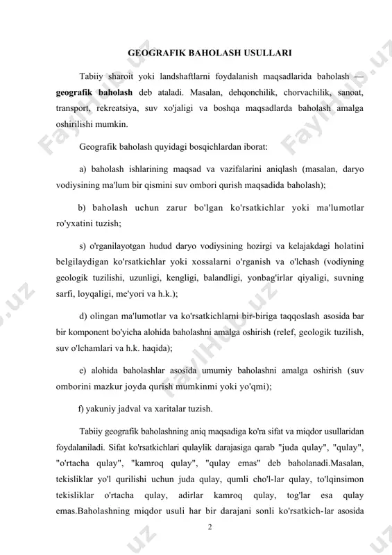 niqlashda asosiy mezon bo'lib xizmat qiladi. ma​salan, arpaning pishib yetilishi uchun quyidagi haroratlar yig'indisi bo'lishi shart. vegetatsiya davrida havo haroratining +10 °c dan yuqori yig'indisi 1000° gacha bo'lishi eng tezpishar arpa navining yeti​lishi uchun yetarli emas, mazkur arpa navi 1000—1400° da pishadi, 1400-1800° da esa o'rta pishar, 1800° dan oshganda esa eng kechki navlar yetiladi. ko'rsatilgan ushbu miqdor ko'rsatkichlari baholashning ma'lum bonitetli darajalari hisoblanadi. yer resurslarini baholashyer resurslari xo'jalik jihatdan juda ko'p maqsadlarda baholanadi. ayniqsa, yer resurslarini dehqonchilik maqsadlarida baholash keng tarqalgan.dehqonchilikni amalga oshirish asosan relef, agroiqlimiy re-surslar, tuproq sharoiti, yer osti suvlarining joylashishi va xossala-rining qulayligi, suvning mavjudligi va boshqa omillar bilan belgilanadi.dehqonchilik uchun yaroqli yerlarni o'zlashtirish va ulardan foydalanishning murakkablik darajalari landshaftlarning xususiyatlariga qarab turlicha bo'ladi. yuqorida ko'rsatilgan omillarning tahlili asosida o'zbekiston tabiiy-hududiy komplekslari murakkablik darajasiga ko'ra to'rt guruhga bo'linadi: oddiy, o'rtacha murakkab, murakkab va juda murakkab tabiiy komplekslaroddiy tabiiy komplekslarga tog' oldi prolyuvial va daryo vodiyla-rining yuqori …