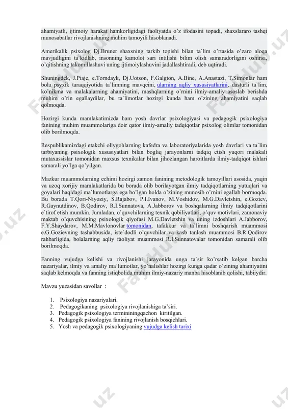 hat» kitobi bu borada pedagogik psixologik asarlar sirasidan munosib o’rin egallaydi. yozuvchining fikricha, inson tashqi muhit haqidagi taassurotlarini sezgilar orqali idrok etadi, shu yo’sinda uning tafakkuri, ulgayib shakllanadi. n.i.novikov bahariyat farovonligini ko’zlab, yoshlar va bolalar o’rtasida foydali bilimlarni keng targibot etish uchun ularni o’ziga xos yo’sinda tarbiyalamoq zarur deb aytadi. uning asarlarida insonning kamoloti uchun tafakkur, xotira, axloq, his-tuyg’u va taqlidchanlik alohida ahamiyatga ega ekanligi ta`kidlanadi. rossiyada yosh davrlari psixologiyasi va pedagogik psixologiya fanining rivojlanish tarixida k.d.ushinskiyning o’rni alohida ahamiyat kasb etadi. uning fikricha psixologiya fanining asosiy vazifasi tarbiyaning maqsadini aniqlashga, ta`lim-tarbiya natijalarini to’g’ri baholashga, shular asosida yangi metod va usullar yaratishga, pedagogik tajribani tahlil qilish va umumlashtirishda muhim o’rin tutadi deb aytadi. k.d.ushinskiyning «inson tarbiya predmetidir» asarida pedagogik ta`sir jarayoni hisoblangan insonning psixologik xususiyatlari, uning o’ziga xos tomonlari o’z aksini topgan. shuningdek, rossiyada ilmiy psixologiyani rivojlantirishda n.f.kapterev, n.a.sikorskiy, ap.nechaev, a.f.lazurskiy, p.f.lesgaft, i.m.sechenov, i.p.pavlov, p.p.blonskiy singari olimlar bu borada o’zlarining …