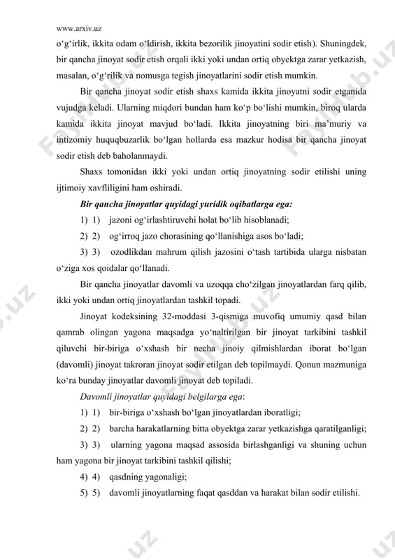 . bu jinoyatda qilmish yagona bo‘lib, uzoq vaqtga cho‘zilgan. bu jinoyat harakat yoki harakatsizlik orqali sodir etilishi mumkin. harakatsizlik orqali bu jinoyat shaxsning huquqiy majburiyatlarini bajarmasligi orqali, harakat bilan esa qonun bilan ta’qiqlangan vositalarni saqlash orqali sodir etiladi. uzoqqa cho‘zilgan jinoyatlar aybning qasd va ehtiyotsizlik shakllari orqali sodir etilishi mumkin. bundan tashqari yuridik adabiyotlarda sistematik va tarkibli jinoyat tushunchasi mavjud. tarkibli jinoyat shunday jinoyatki (murakkab tarkibli), u ikkita mustaqil jinoiy harakatdan tashkil topadi, lekin ichki birligi va o‘zaro bog‘liqligi tufayli yagona jinoyat tarkibini tashkil etadi. masalan, nomusga tegish jinoyati ikkita bir xil bo‘lmagan harakatdan: jismoniy zo‘rlik yoki qo‘rqitish va jinsiy yaqinlik qilishdan iborat. zo‘rlik yoki qo‘rqitishsiz ikkinchi harakat ham sodir etilmaydi. murakkab tarkibli jinoyatlarga bir harakat orqali sodir etiladigan, lekin ikki yoki undan ortiq oqibatlarni keltirib chiqaradigan jinoyatlar ham kiradi. masalan, qasddan badanga og‘ir shikast yetkazish odam o‘limiga sabab bo‘lsa jinoyat hisoblanadi (104-modda). takroran jinoyat sodir etish tushunchasi takroran jinoyat …