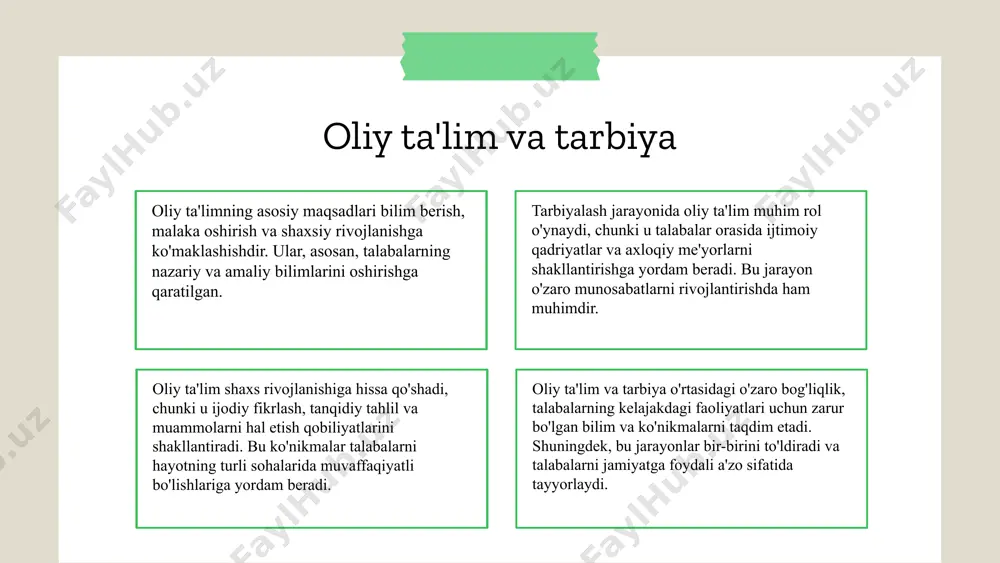 hni rag'batlantiradi. ijtimoiy ta'siri oliy ta'lim orqali bilim olish, fuqarolarni yanada faol va mas'uliyatli qiladi. bu, o'z navbatida, jamiyatda barqarorlik va taraqqiyotga olib keladi. iqtisodiy o'sish oliy ta'lim muassasalari iqtisodiy o'sishning asosiy omillaridan biri. ular malakali ishchi kuchini tayyorlab, iqtisodiyotni rivojlantirishga hissa qo'shadi. iqtisodiy rivojlanish oliy ta'lim global muammolarni hal qilishda muhim rol o'ynaydi. bugungi kunda, iqlim o'zgarishi, iqtisodiy tengsizlik va ijtimoiy adolatsizlik kabi masalalar oliy ta'lim tizimlarining rivojlanishiga ta'sir ko'rsatmoqda. ta'lim jarayonida bu muammolarni o'rganish va yechimlar taklif etish zarur. oliy ta'limda barqaror rivojlanish, nafaqat ilmiy va ma'naviy yutuqlarni, balki ekologik va iqtisodiy barqarorlikni ham ta'minlashga qaratilgan. talabalar, professor-o'qituvchilar va tadqiqotchilar bu jarayonda birgalikda ish olib borishlari lozim. oliy ta'lim talabalarining roli global muammolarni tushunishda va hal etishda muhimdir. ular nafaqat nazariy bilimga ega bo'lishlari, balki amaliy jihatlarni ham o'z ichiga olgan holda, jamiyatda ijobiy o'zgarishlarni amalga oshirishda faol bo'lishlari kerak. oliy ta'lim va global muammolar oliy maktab pedagogikasining …