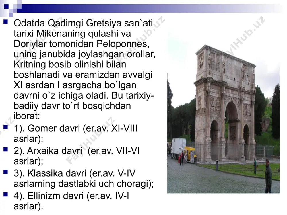 ga bag`ishlangan kompozitsiyalar shu davr haykaltaroshligi mahsulidir. arxaika davrining ko`zaga surat solish san`ati dastlab qora figurali vazalarda namoyon bo`ldi. bunday vazalarga qora lak bilan turli tasvirlar ishlangan. ayniqsa qora figurali vazalar ishlash san`ati vi asrning ii-iii choragida rivojlanib, bu sohada attikali qurollar va rasmlar chiqarishgan. shunday mashhur ustalardan biri, rassom klitiy bo`lgan. u jahonga mashhur bo`lgan “fransua vazas”ni bezatgan. в культуре древней греции в период архаики (vii— vi вв. до н. э.). расцветает вазопись. она претерпевает качественные изменения: стремясь передать пространство, объем и движение, мастера меняют технику изображения, и силуэтная чернофигурвая роспись сменяется краснофигурной. искусство (вазопись) haykaltaroshlik. arxaika davrida grek monumental haykaltaroshligi kamol topa boshladi. toshdan yaratilgan haykallar namunasi esa eramizdan avvalgi vii asrlarga to`g`ri keladi. haykaltaroshlikning rivojlanishida krit san`atkorlarining ta`siri sezilarli bo`lgan. arxaika davri haykaltaroshligida odam gavdasini alohida tasvirlash bilan birga, voqealarni aks ettiruvchi kompozitsiyalar, masalan, olishuvlar ko`rsatiladi. yuqori klassika. eramizdan avvalgi v asrning ikkinchi yarmidan boshlab, gretsiya siyosiy, …