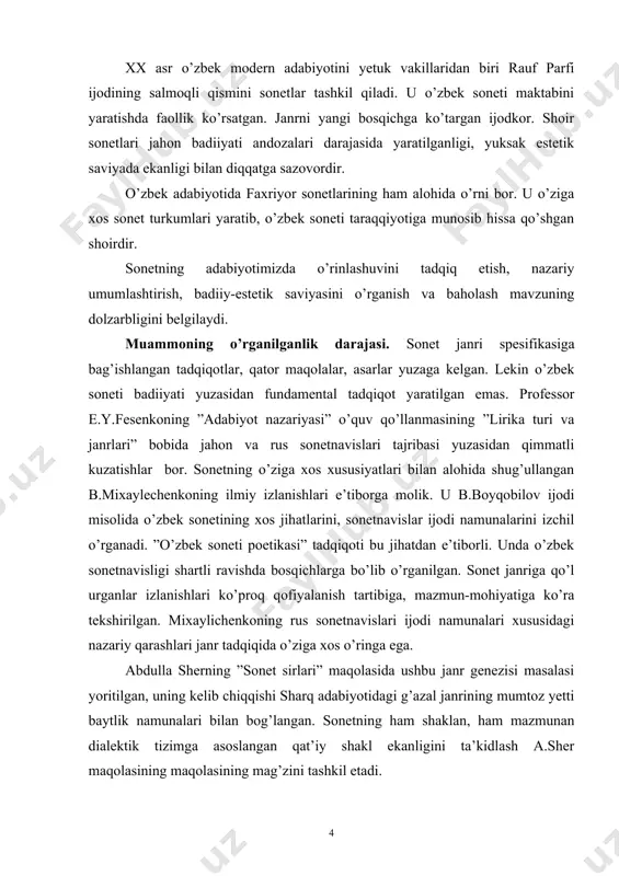 shimizda sonet janrining amaliy jihatlariga, xususan, badiiyati masalalariga alohida e’tibor qaratiladi. bitiruv-malakaviy ishining maqsadi: hozirgi o’zbek she’riyatida sonet janrining badiiy xususiyatlarini, xususan, uning spesifikasi va taraqqiyot tendensiyalarini, badiiy-estetik tafakkur takomilidagi o’rni masalalarini b.boyqobilov, r.parfi, faxriyor ijodi misolida ilmiy-nazariy asoslashdan, shoirlarning mahorat sirlarini tahlil qilishdan iborat. bitiruv malakaviy ishning vazifalari: mazkur bitiruv malakaviy ishda quyidagi vazifalarni hal qilish ko’zda tutilgan: · janrning spesifik xususiyatlarini o’rganish va o’ziga xos murakkab tadrijini aniqlash; · sonetning o’zbek adabiyotiga kirib kelishi, yetakchi vakillari izlanishlarini kuzatish, ijodkorlar mahorati ortishiga ta’sir ko’rsatgan birlamchi asoslarini tahlilga tortish va shular vositasida individual uslub qirralarini o’rganish; · janr spesifikasida kompozitsiyasining poetik shakl sifatidagi o’rnini aniqlash; · sonetda syujet va syujetlilik masalasini o’zbek shoirlari ijod namunalari misolida tadqiq etish; · o’zbek sonetining badiiy-estetik xususiyatlarini yetuk badiiy asarlar asosida tahlil qilish; · sonetlar turkumi va tizimi masalalarining shakliy izlanishlar samarasi yoki an’anaviylik tadriji ekanligini yoritish; bitiruv malakaviy ishning yangiligi. bitiruv malakaviy ishning …