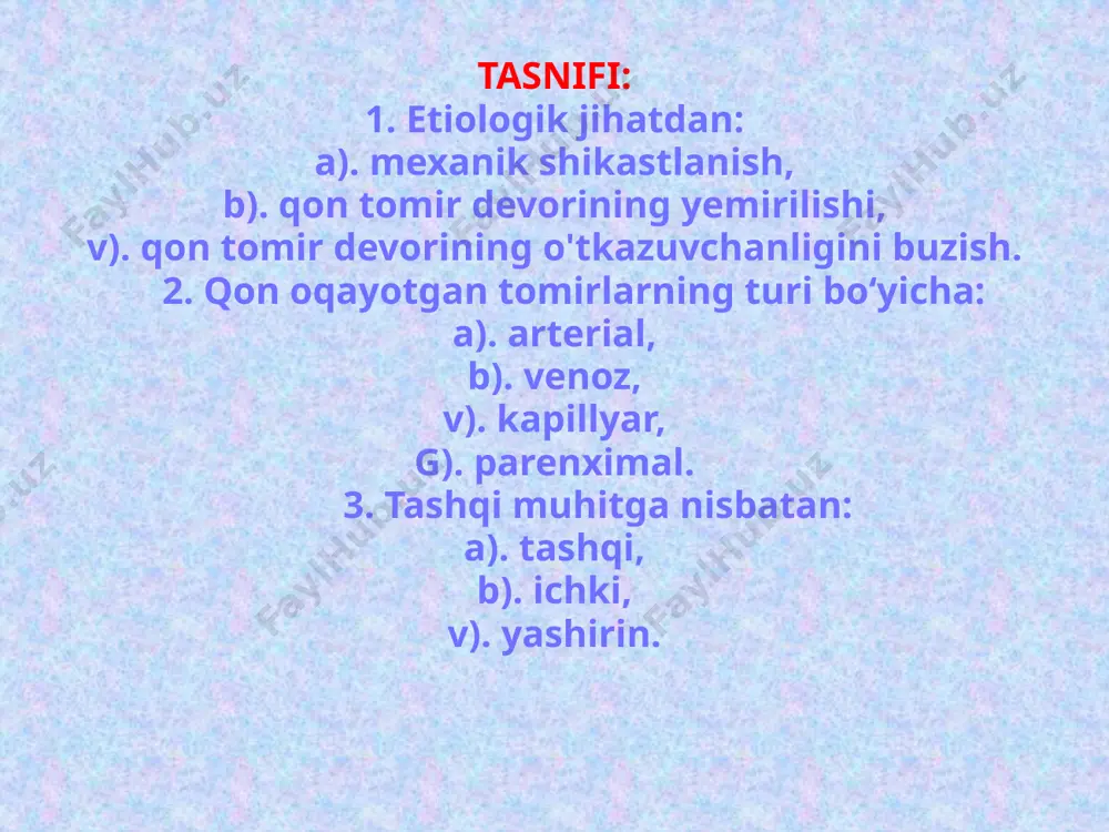aroratdan foydalanish. kimyoviy usullar mahalliy gemostatik vositalar: vodorod periks eritmasi karbazoxrom adrenalin etoksisklerol epsilon - aminokaproik kislota - fibrinoliz ingibitori, qon ketish joyini sug'orish shaklida oshqozonga yuboriladi (oshqozondan qon ketganda). umumiy (rezorbtiv) ta'sir qiluvchi gemostatik vositalar: dicynon, natriy etamsilat vikasol askorbin kislotasi (vitamin c), rutin (vitamin p) biologik usullar mahalliy harakat usullari: gemostatik shimgich fibrin plyonkasi (gubka) trombin biologik antiseptik tampon jarrohlik aralashuvlar yoki jarohatlarga jarrohlik ishlov berish vaqtida kukun shaklidagi quruq plazma (zardob) va biologik to'qimalar (mushaklar, paylar va boshqalar) ni ishlatish mumkin. umumiy ta’sir usullari: qon tarkibiy qismlarini quyish: yangi muzlatilgan plazma, kriyopresipitat, mahalliy plazma, fibrinogen, trombotsitlar massasi, antigemofil globulin. kontrikal, gordox, aprotinin transfuziologiya asoslari transfuziologiya bu – qon, uning komponentlari qon o’rnini bosuvchi suyuqliklar va boshqa suyuqlarni quyish muammosi bilan shug’ullanuvchi tibbiyotning alohida bir sohasi hisoblanadi. qon komponentlarini quyishda quyidagilar e’tiborga olinadi: qon guruhi rhesus omil kel-omil qon guruhi i guruh – 0 ii guruh - а …