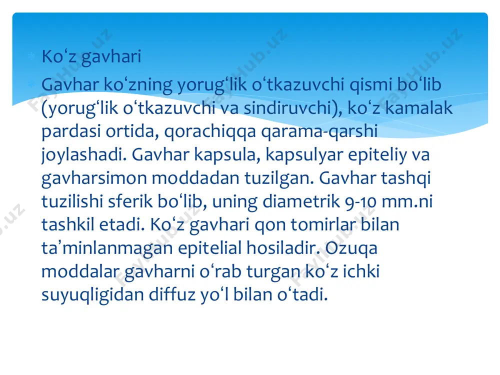 -80 yoshdagilarda 26-46 %, 80 yoshdan kattalarda esa deyarli barcha insonlarda uchraydi. koʻzning tugʻma kasalliklari orasida ham katarakta eng koʻp uchraydigan kasallikdir. kasallikning juda koʻp uchrashi zamonaviy oftalmologiya sohasining dolzarb muammolaridan biri ekanligini isbotlab beradi.  katarakta etiologiyasi va uning rivojlanish mexanizmida bir necha nazariyalar mavjud boʻlsada, ularning hech biri kasallik rivojlanishining aniq sababini isbotlab bera olmaydi. oftalmologiya sohasida keng tarqalgan nazariyalardan biri bu – erkin radikallar oksidlanishi, organizmda hosil boʻlgan erkin radikallar – nostabil jufti yoʻq elektronga ega boʻlgan molekulalar hosil boʻlishi va toʻplanishi kuchli oksidlanishga sabab boʻladi. etiologiyasi  katarakta rivojlanish mexanizmida katta ahamiyatga ega boʻlgan omillardan yana biri organizmning yosh oʻtishi bilan antioksidant xususiyatining pasayishi, vitaminlar yetishmovchiligi (vitamin a, e va boshqalar). bundan tashqari koʻz gavhari oqsilining fizik-kimyoviy tarkibi oʻzgarishi ham katta yoshli insonlarda kuzatiladi. koʻzning yalligʻlanishli kasalliklari natijasida koʻz ichi suyuqligi tarkibining oʻzgarishi, gavharga yetarlicha ozuqaviy moddalar oʻtmasligi, siliar tana disfunksiyasi (fuks sindromi), terminal glaukoma, pigmentativ …
