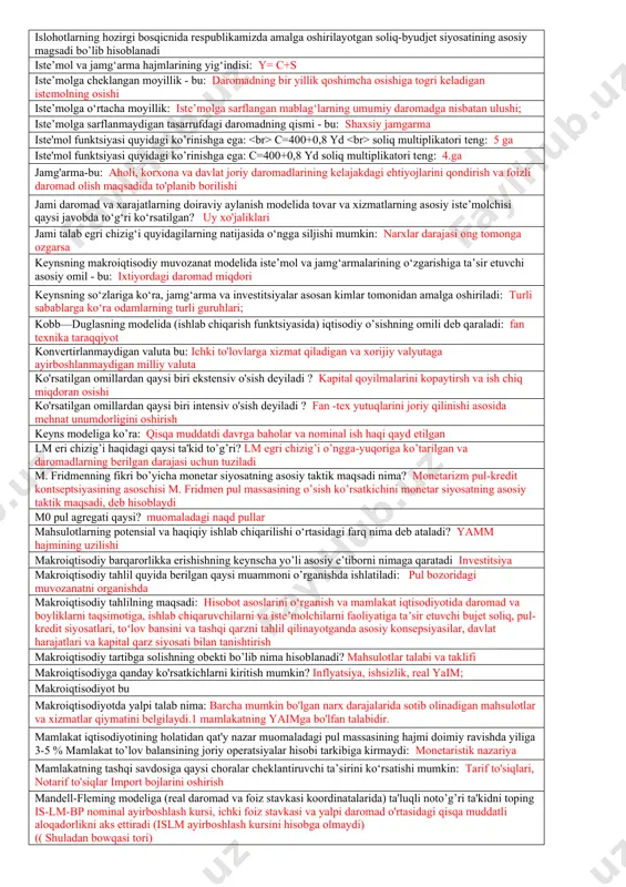 shi pul taklifini: dеpozitlarni majburiy zahiralash normasi 0,25 ga tеng. ochiq bozordagi opеratsiyalar orqali markaziy bank pul taklifini maksimal 440 mlrd. so’mga oshirishi mumkin. bu uchun esa markaziy bank: 110 mlrd. so’mlik obligatsiyalarni sotib olishi kеrak egri soliq turlari. 1.qo`shilgan qiymat solig’i, 2.aksiz solig’i, 3.jismoniy shaxslardan transport vositalariga benzin, dizel yoqilg’isi va suyultirilgan gaz ishlatganlik uchun olinadigan soliq, 4.bojxona to’lovlari va boshqalar erkin konvertirlanadigan valuta bu: to’g’ri javob yo’q faol investitsiyalar va ijtimoiy rivojlanish yilida amalga oshirilgan keng ko`lamli islohotlar natijasida qanday miqdorda asosiy kapitalga investitsiyalar jalb etildi va o’zlashtirildi? 189924.3 mlrd som faraz qilaylik, iqtisodiyot dastlab o‘z salohiyati darajasida faoliyat ko‘rsatmoqda (y*). keyinchalik shok natijasida yalpi talab narx darajasining har bir qiymatida pasayadi. narx qat’iyligi nuqtai nazaridan, bu sabab bo‘ladi: ish haqi va narxlarning oshishi. faraz qilaylik, nominal yaim 480 milliard rubldan oshdi. 600 milliard rublgacha vayaim deflyatori - 120% dan 150% gacha. bunday sharoitda real yaim qiymati: o'zgarmaydi …