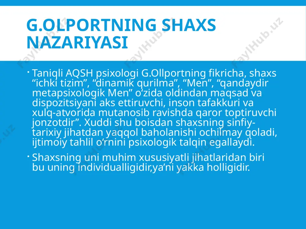lik, intizomlilik - oqibatni o‘ylamaslik, tarqoqlik. ishonchlilik - ishonchsizlik. ulg‘ayish - organizmning etilmay qolishi. odoblilik - odobsizlik. kirishimlilik - odamovi. quvnoqlik - g‘amginlik. maftunkorlik - ixlosi qaytganlilik. dilkashlik - pismiq. faollik - sustkashlik. mustaqillik - konformlilik ekspressivlik - vazminlik xilma-xil qiziqishlar - tor qiziqish. ta’sirchanlik - sovuqqonlik. jiddiylik - betayinlik. halollik - aldamchilik. tajovvuzkorlik - oq ko‘ngillilik. tetiklik - quvnoqlik. optimizm - umidsizlik (pessimizm). botirlik - qo‘rqoqlik. oliy himmatlilik – ziqnalik; erkinlik - tobelik. adabiyotlar ғозиев э.ғ. умумий психология. т.: ўқитувчи, 2010. холл к., линдсей г. теории личности. м., 1998.- 796 с. хьелл л., зиглер д. теории личности. спб.: питер, 1997. – 608 с. nazorat savollari gumanistik psixologiyaning asosiy prinsiplari g.olportning shaxs nazariyasi. taniqli aqsh psixologi shaxs tiplari: a.maslou shaxs nazariyasi. maslou ehtiyojlar piramidasi. k. rodjersning shaxs nazariyasi. men konsepsiyasi xarakterlovchi jihatlari. shaxs markazlashgan psixoterapiyaning asosiy prinsipi. r.meyining shaxs xislatlari.
