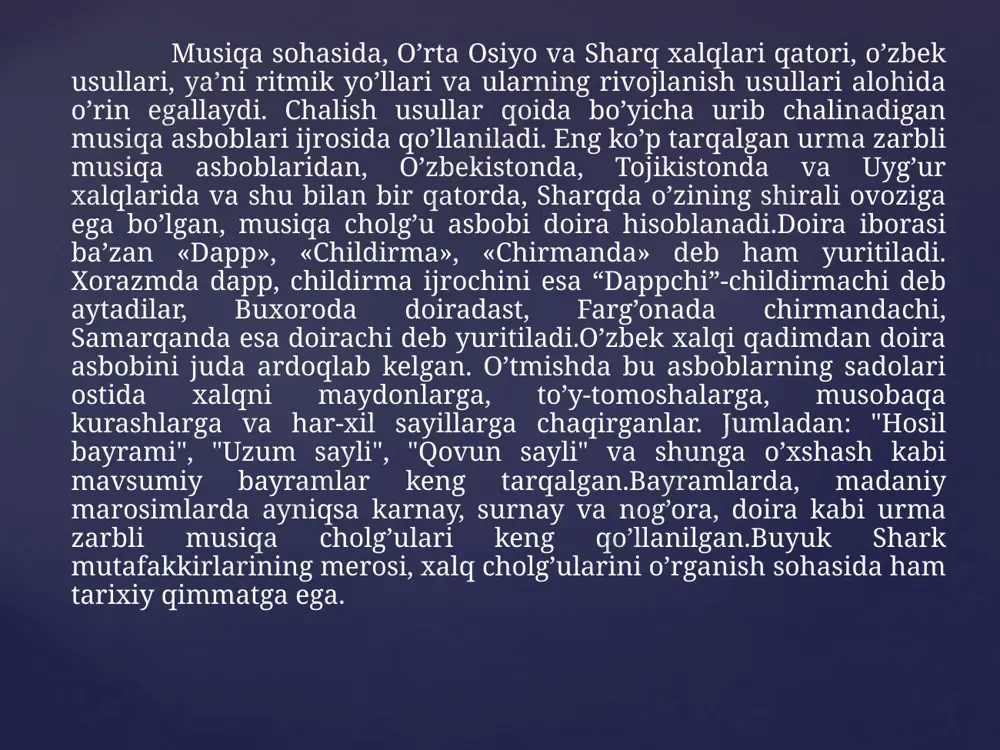 lashga ajratadi. darvish ali o’z davri (xvii acr) da mavjud bo’lgan cholg’u ansambllari va ularning ijrochilari haqida ma’lumot bergan. saroyda 60 cholg’uchidan iborat ansambl bo’lgan. «nog’ora xona» deb atalgan 60 kishilik cholg’uchilar ansamblni nog’orachi boshqargan. darvish ali misol tariqasida shunday dalilni keltiradi: «sulton husayin saroyida ansamblning rahbar-mehtar vazifasini nog’orachi sayid ahmadbin mehtariy miroqiy bajargan. «nog’ora xona» nog’ora va damli musiqa cholg’ularida kuy chalayotgan paytda ijrochilar joylashgan xona ko’zda tutiladi.bizning jumhuriyatimizda doyra ritmik usullarini dunyoga mashhur qilishda o’z hissasini qo’shgan usta olim komilovning boy merosi avlodlar uchun katta maktab vazifasini o’tamoqda. mashhur doyrachilar g’ofur azimov, g’ofur inog’omov, rahim isaxo’jayev, evner barayev, qahramon dadayev, ravshan akbarbekov, odil kamolxo’jayev, dadaxo’ja sottixo’jayev, to’ychi inog’omovlar ustaning ananalarini davom ettirdilar.shuningdek, toshkent davlat konservatoriyasi dosenti a.xliviyev ham "doira uchun etyudlar" to’plamini yaratgan edi. samdu musiqa fakulteti dosenti y.haqqulov "doira uchun pyesalar" to’plami yaratganlar. a.rasulov nomidagi samdsby katta o’qituvchisi asliddin sirojev "doyra uchun pyesalar» yaratdilar, a.ashrafxo’jayev "doira sinfi …