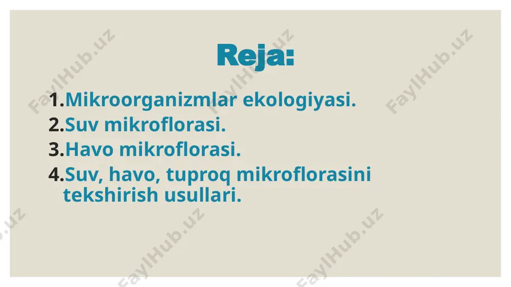 parchalanishida ishtirok etadi. suv zamburug’lari, ayniqsa, ko‘l, daryo va botqoqlik kabi suv havzalarda ko‘p bo‘ladi. ular suvdagi o‘lik o‘simlik va hayvon qoldiqlarini parchalaydi va energiya manbai sifatida ishlatiladi. algalar: algalar suv ekotizimida asosiy fotosintetik organizmlar hisoblanadi. ular quyosh nurlari orqali organik moddalar hosil qiladi va bu bilan suvda yashovchi boshqa organizmlar uchun oziq-ovqat manbai yaratadi. algalar shuningdek, suvga kislorod ajratadi va bu boshqa tirik organizmlarning yashashi uchun muhimdir. 3.havo va tuproq mikroflorasi. havo mikroflorasi deganda havoda uchuvchi mikroskopik organizmlar tushuniladi. ular orasida bakteriyalar, zamburug’ sporalari, viruslar va boshqa mikroblar mavjud. havo mikroflorasi, ayniqsa, sanitariya, inson sog’lig‘i va ekologik holatni nazorat qilishda muhim rol o’ynaydi. havoda mikroorganizmlar manbalari: mikroorganizmlar havoga tuproq, o‘simliklar va boshqa yashash muhitlaridan ko‘chib o‘tadi. odamlar va hayvonlar orqali ham havo mikroflorasiga mikroorganizmlar qo‘shiladi. shahar muhitida havoda mavjud mikroorganizmlar soni qishloq joylariga nisbatan ko‘proq bo‘ladi, chunki havoda chang, ifloslantiruvchi moddalar va inson faoliyati natijasida paydo bo‘ladigan chiqindilar ko‘p. …