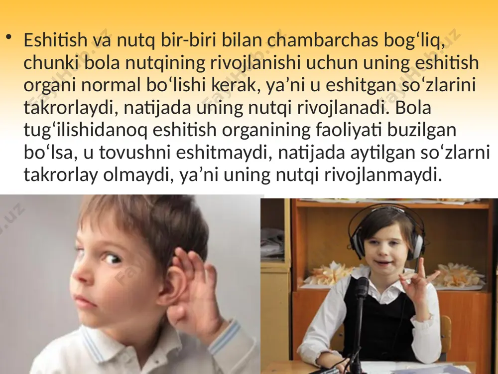 ar qaysi tori o‘ziga xos tovush berganidek). ma’lum tovushni qabul qiladigan sezuvchi tolalar yaxshi rivojlanmasa yoki kasallansa, odam mazkur tovushni aniqlash qobiliyatini yo‘qotadi. bolalarni yoshlikdan har xil musiqa ohanglarini tinglash va chalishga o‘rgatish ana shu sezuvchi tolalar yaxshi rivojlanishiga imkon beradi. retseptorlarning qo‘zg‘alishi eshitish nervi tolasi orqali miya ko‘prigi, o‘rta miyada joylashgan po‘stloqosti eshitish markaziga, undan esa bosh miya yarimsharlari po‘stlog‘ining chakka qismida joylashgan oliy eshitish markaziga borib, uni qo‘zg‘atadi. bu markazda joylashgan nerv hujayralarida tovush ta’siri analiz va sintez qilinib, uning mazmuni aniqlanadi. odam sekundiga 16—20 ming marta tezlikda tebranuvchi tovush to‘lqinlarini qabul qilish imkoniga ega. yuksak rivojlangan hayvonlarda, ayniqsa, itlarda tovush to‘lqinlarini qabul qilish xususiyati, odamga nisbatan ancha yaxshi rivojlangan bo‘lib, ular odam eshitmaydigan kuchsiz tovushlarni ham eshita oladi. shuni ham aytish kerakki, yoshlarning kuchsiz tovushlarni eshita olish qobiliyati yaxshi bo‘lib, yosh kattalashgan sari bu qobiliyat pasaya boradi. agar odamga kuchli tovush har kuni uzoq muddat davomida ta’sir …