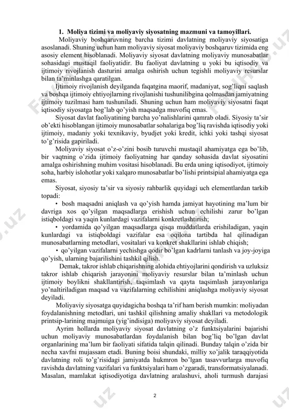 kunlardagi va istiqboldagi vazifalar esa oqilona tartibda hal qilinadigan munosabatlarning metodlari, vositalari va konkret shakllarini ishlab chiqish; · qo’yilgan vazifalarni yechishga qodir bo’lgan kadrlarni tanlash va joy-joyiga qo’yish, ularning bajarilishini tashkil qilish. demak, takror ishlab chiqarishning alohida ehtiyojlarini qondirish va uzluksiz takror ishlab chiqarish jarayonini moliyaviy resurslar bilan ta’minlash uchun ijtimoiy boylikni shakllantirish, taqsimlash va qayta taqsimlash jarayonlariga yo’naltiriladigan maqsad va vazifalarning echilishini aniqlashga moliyaviy siyosat deyiladi. moliyaviy siyosatga quyidagicha boshqa ta’rif ham berish mumkin: moliyadan foydalanishning metodlari, uni tashkil qilishning amaliy shakllari va metodologik printsip-larining majmuiga (yig’indisiga) moliyaviy siyosat deyiladi. ayrim hollarda moliyaviy siyosat davlatning o’z funktsiyalarini bajarishi uchun moliyaviy munosabatlardan foydalanish bilan bog’liq bo’lgan davlat organlarining ma’lum bir faoliyati sifatida talqin qilinadi. bunday talqin o’zida bir necha xavfni mujassam etadi. buning boisi shundaki, milliy xo’jalik taraqqiyotida davlatning roli to’g’risidagi jamiyatda hukmron bo’lgan tasavvurlarga muvofiq ravishda davlatning vazifalari va funktsiyalari ham o’zgaradi, transformatsiyalanadi. masalan, mamlakat iqtisodiyotiga davlatning aralashuvi, aholi …