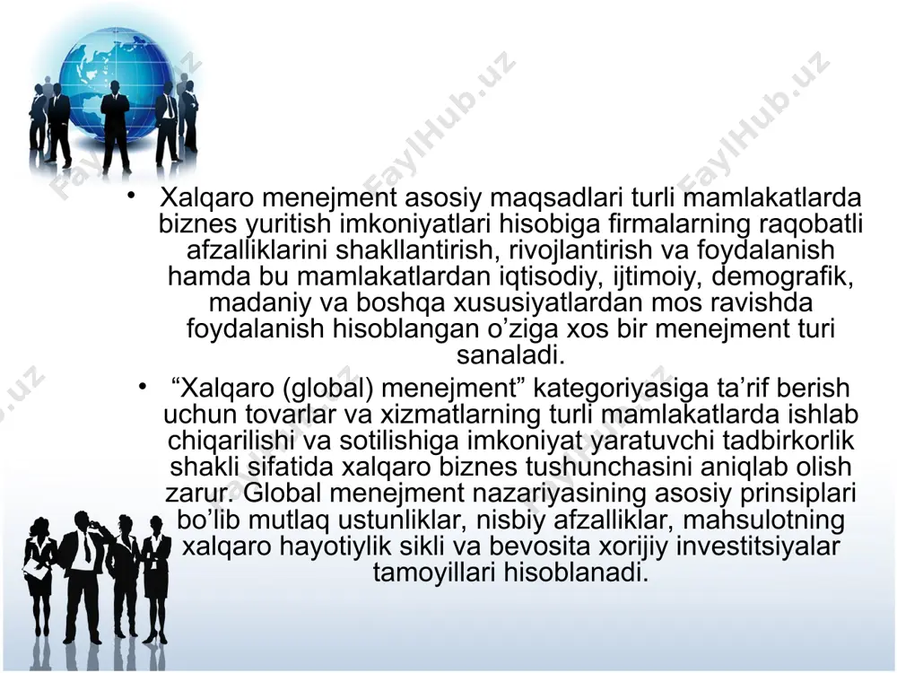 qondirib bo’lganligi, uning ishlab chiqarilishi raqobatchilar tomonidan o’zlashtirila boshlanganligi va raqobat belgilari paydo bo’lganligi bilan xarakterlanadi. 4-bosqich – kamayish bosqichi. ushbu bosqichda mahsulotning hayotiylik siklini uzaytirish uchun uni ishlab chiqarish nisbatan past ishlab chiqarish harajatlariga ega bo’lgan, ko’pincha rivojlanayotgan mamlakatlarga bevosita investitsiyalar yo’li bilan ko’chiriladi. bu mamlakatlarga ushbu mahsulotni eksport qilish, odatda, bu yerda ularni ishlab chiqarishdan ilgari boshlangan bo’ladi. mahalliy ishlab chiqarishni rivojlantirilishi natijasida mahsulotni xorijiy mamlakatlardan import qilish qisqaradi. bevosita xorijiy investitsiyalar bevosita xorijiy investitsiyalar – bu bevosita sarmoyador firma va qabul qiluvchi firma o’rtasida uzoq muddatli faoliyatga oid munosabatlarga mo’ljallangan kapital qo’yilmalardir. bu munosabatlarda bevosita investorning maqsadi bo’lib qabul qiluvchi mamlakatda korxonani boshqarishni tashkil qilishga jiddiy ta’sir ko’rsatish va uning faoliyatini nazorat qilish hisoblanadi. bevosita xorijiy investitsiyalar turli mamlakatlarning firmalari o’rtasida dastlabki bitimning boshlang’ich bosqichi sifatida xizmat qilib, shuningdek o’z ichiga ular o’rtasidagi barcha keyingi kelishuvlarni oladi. bu bitimlar va kelishuvlarning sub’yektlari sifatida asosiy ishtirokchilardan tashqari ular …