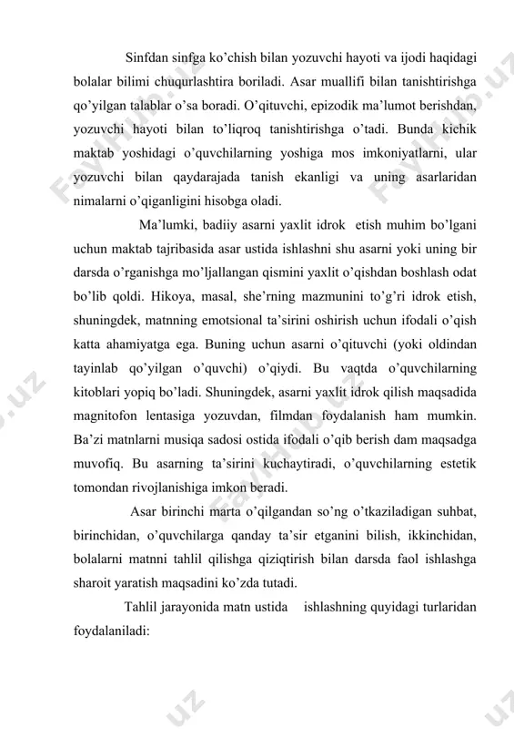 da foydali vositalardan biri hisoblanadi. tasvirlashdan o’qituvchi turli maqsadlarda, chunonchi, reja tuzishga asos sifatida, qayta hikoyalashga tayyorlash, voqea yuz bergan sharoitni aniqlash maqsadida foydalanishi mumkin. tasvirlashdan mustaqil ish sifatida ham foylalaniladi: o’qituvchi matnning ma’lum qismidan o’quvchilarga juda ma’qul bo’lgan-manzarani so’z bilan yoki grafik tasvirlashni va unga muallif so’zini tanlashni topshiradi. o’quvchilar qayta hikoyalashdan oldin so’z bilan tasvirlash uchun matnni o’qiydilar, nisbiy tugallangan qismlarni ajratadilar, lavhalarni tartib bilan tasvirlaydilar. bu muallif nima haqida yozganini ko’z oldiga keltirishga imkon beradi. shundan keyin matnni qayta hikoyalash uchun leksik-stilistik tayyorgarlik o’tkaziladi. matnni tasvirlashga o’rgatishni kitobda berilgan rasmni matnning shu rasmga mos qismiga taqqoslashdan boshlash maqsadga muvofiqdir. bunda o’quvchilar yozuvchi tasvirlagan qahramondagi yoki tabiatdagi xarakterli tomonlarni rassom rasmda ko’rsata olganiga ishonch hosil qiladilar. so’z bilan tasvirlash qayta hikoyalashga aylanib qolmasligi zarur. buning uchun muallif matnini leksik-stilistik tomondan tahlil qilish manzarani tasvirlashda so’zni aniq tanlashga yordam beradi. tahlil jarayonida o’qituvchi o’quvchilar e’tiborini muallif ishlatgan so’z va …