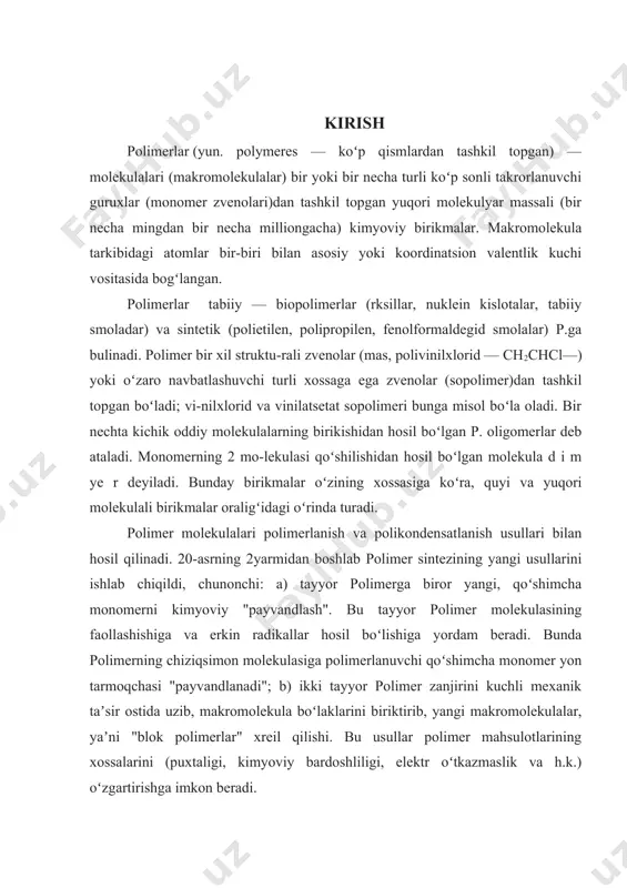 shganligiga qarab, turli mexanik, fizik-kimyoviy va kimyoviy xossalarga ega bo’ladi. chunki makromolekula tarkibidagi atomlar va elementar xalqalar o’zaro ta’sirda bo’lib, qisman erkin harakat qilish, turli izomerlar shakliga o’tish, optik faollik namoyon qilish kabi o’zining dastlabki xususiyatini saqlab qoladi. makromolekulaning ko’p miqdor elementar xalqalardan tashkil topganligi bir tomondan, undagi atomlarning erkin harakatlanishi uchun imkoniyat bersa, ikkinchi tomondan qo’shni makromolekula bilan o’zaro ta’sir kuchini ham orttiradi. shu bilan birga bu hol makromolekulada yangi-yangi izomerlar va optik faol atomlar sonining ko’payishiga sabab bo’ladi. polietilen karbozanjirli polimerlarning eng oddiy vakili hisoblanadi. uning molekulalari parafin uglevodorodlardagi kabi uzun polimetilen xalqalaridan iborat. shuning uchun bu polimer o’zining ko’p xossalari bilan parafinlarni eslatadi. uning makromolekulalari va elementar xalqalari o’zaro van-der-vaal’s kuchlari ta;sirida bo’ladi. bu ta’sir ancha kuchsiz bo’lganligi tufayli gruppalar orasidagi masofaning kattalashishi bilan u tezda kamayib ketadi. polietilenning boshqa polimerlarga nisbatan ancha yumshoqligi, mumga o’xshash xossalari va suyuqlanish temperaturasining pastligi ham shundadir. agar polietilenning metilen gruppasidagi …