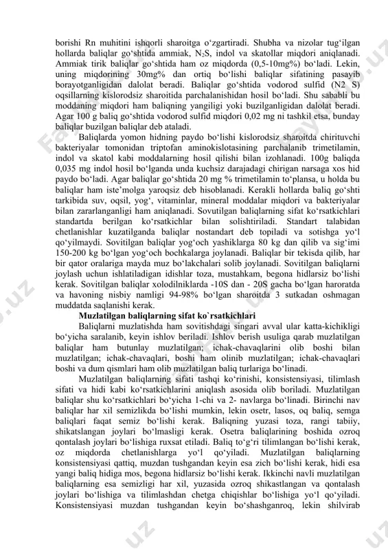 k alomatlari ham bo‘lmasligi kerak. suvdan olinayotgan baliq qattiq tipirchilaydi. sog‘lom, tiyrak baliqlar akvariumning tagida suzib yuradi. kuchsiz baliqlar tanasining rangi o‘chgan, suzgich qanotlarining hara-kati juda sekin, suvning yuzasida suzib yuradi, ularni qo‘l bilan oson tu-tish mumkin. bunday baliqlarning normal fiziologik holati kasalligi yoki kislorod yetishmasligi tufayli buzilgan bo‘ladi. bunday baliqlarni akvariumlarda qoldirish maqsadga muvofiq emas. bu baliqlar akvarium-lardan olinib yaxshilab nazoratdan o‘tkazilishi kerak. agar tanasining sirtida va oyqulog‘ida (jabrasida) sezilarli o‘zgarishlar va parazitlar bo‘lmasa darhol sotilishiga, sovutilishi yoki muzlatilishga tavsiya etiladi. juda kuchsiz baliqlar deyarlik tabiiy rangini yo‘qotgan bo‘ladi, ko‘pchilik hollarda rangi oqaradi. bu baliqlarning harakatlanish koordinatsiyasi buzilgan bo‘lib, ular suvning tagida yotadi yoki qornini osmonga qilib zo‘rg‘a suzib yuradi. juda kuchsiz baliqlarni darhol akvariumdan olinib nazoratdan o‘tkazish kerak. agar baliq tanasida parazitlar, shishlar, yaralar va boshqa o‘zgarishlar bo‘lmasa tezda sotilishi tavsiya etiladi.agar baliqda yuqorida keltirilgan belgilar mavjud bo‘lsa, unda iste’molchilarga ssotilmaydi va magazinlarda ham bunday baliqlar qabul qilinmasligi …