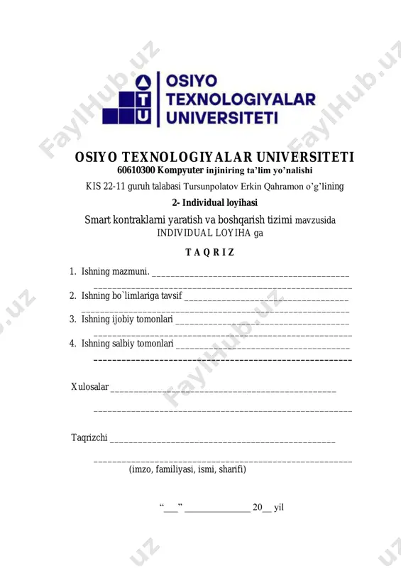 miyatimizning turli sohalarida, jumladan iqtisodiyot, moliya, huquq va boshqaruv tizimlarida raqamli yechimlarga bo‘lgan ehtiyojni keskin oshirmoqda. ayniqsa, blokcheyn texnologiyasi asosida shakllangan smart kontraktlar (aqlli shartnomalar) tizimi oxirgi yillarda dunyo miqyosida katta e’tibor qozonmoqda. ushbu texnologiya an’anaviy shartnomalar o‘rnini bosuvchi, inson aralashuvini kamaytiruvchi, xavfsiz va avtomatlashtirilgan kelishuvlarni yaratishga imkon beradi. smart kontraktlar — bu blokcheyn tizimida ishlaydigan dasturlashtirilgan shartnomalardir. ular foydalanuvchilar o‘rtasida belgilangan shartlar asosida avtomatik tarzda ishga tushadi. bu texnologiya vositasida, misol uchun, mablag‘ yuborish, xizmat ko‘rsatish, moliyaviy bitimlar, egalik huquqlarini nazorat qilish kabi ko‘plab jarayonlar hech qanday vositachisiz, ishonchli va shaffof tarzda amalga oshiriladi. ushbu loyiha aynan smart kontraktlarni yaratish va ularni boshqarish tizimini ishlab chiqishga qaratilgan. loyihaning asosiy maqsadi — smart kontraktlarni yozish, ularni blokcheyn tarmog‘ida ishga tushirish, sinovdan o‘tkazish va kelajakda real hayotdagi loyihalarda qo‘llash imkoniyatlarini o‘rganishdan iborat. loyihada ethereum platformasidan foydalaniladi, chunki bu eng mashhur va keng qo‘llanilayotgan blokcheyn muhitidir. shuningdek, solidity dasturlash tili yordamida smart …