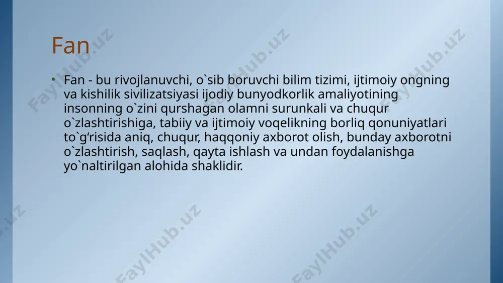 taqqoslash sermaxsul bo`lishi uchun quyidagi ikki talab bajarilishi kerak: 1. o`rtasida ma`lum ob`ektiv umumiylik mavjud bo`lishi mumkun bo`lgan ob`ektlargina taqqoslanishi zarur; 2. ob`ektlarni taqqoslash eng axamiyatli (bilish, o`rganish nuqtai nazaridan) xossalari, belgilari va jixatlari bo`yicha amalga oshirilishi shart. o`lchash - taqqoslashga nisbatan aniqroq bilish quroli xisoblanadi. ushbu metodning axamiyati o`rganilayotgan ob`ekt haqidagi ma`lumotlarning yuqori aniqligidadir. empirik bilish jarayonida o`lchash metodi ham kuzatish va taqqoslash kabi keng tarqalgandir.empirik tadqiqotning ko`rilgan metodlaridan farqli xolda, ekspirement ilmiy jihatdan eng umumlashtirilgan tarzda qo`yilgan tajriba hisoblanadi. unda kuzatish va o`lchashdan tashqari ob`ekt joylashgan shart – sharoit, muhit va xatto tadqiqot ob`ektining o`zi ham ma`lum tarzda o`zgartiriladi. eksperiment natijasida bir yoki bir necha omillarning boshqasiga yoki boshqalariga ta`siri aniqlanadi. kuzatishdan farqli holda, eksperiment tajribaning qaytaruvchanligini ta`minlaydi, turli sharoitlarda ob`ektni tadqiq etish imkonini beradi, uni “sof holda” o`rganish mumkin bo`ladi. ilmiy bilishda empirik tadqiqot metodlari muxim axamiyatga ega. ular faqatgina gipotezalarni tasdiqlash asosigina bo`lib qolmasdan, ko`p hollarda …