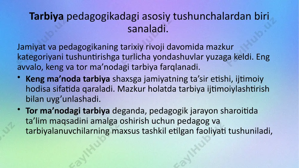 lariga bog'liqligi; tarbiyaning shaxsning rivojlanishi bilan birligi va o‘zaro bog'liqligi; faoliyat va munosabatni e’tirof etish shaxsning ijtimoiy ahamiyatga ega fazilatlarini shakllantirishning negizi va asosiy manbai; tarbiyalanuvchilaming o'zaro tarbiyaviy ta’siri, o'zaro munosabatlari hamda faol faoliyati о‘rtasidagi bog'lanish; tarbiya va o‘zini-o‘zi tarbiyalashning intensivligi; tarbiyalanuvchining «ichki olami»ga ta’sir etishning intensivligi; tarbiyalanuvchilarda verbal va sensomotor jarayonlarning rivojlanish darajasi va pedagogik ta’sirni hisobga olish. tarbiya tamoyillari - bu tarbiyaviy ishning yo'nalishiga, mazmuniga, metodlari va tashkil etilishiga, tarbiya jarayonining ishtirokchilari orasidagi munosabatlarga qo'yiladigan asosiy talablar ifodalanadigan dastlabki qoidalardir. tarbiya jarayoni quyidagi tamoyillar asosida boshqariladi: maqsadga qaratilganligi va g‘oyaviy yo'nalganligi; tarbiyaning insonparvarlashuvi; tarbiyaning hayot, mehnat bilan bog'liqligi; tarbiyaga yaxlit (kompleks) yondashuv; jamoada tarbiyalash va jamoaga suyanib ish ko'rish; shaxsga talabchanlik bilan hurmatni birga qq'shib olib borish; o'qituvchilar, jamoat tashkilotlari va oilaning talab hamda tarbiyaviy ta’sirlarining birligi; tarbiyalanuvchining yosh va individual xususiyatlarini hisobga olish; tarbiya jarayonining tizimligigi va uzluksizligi. irsiyat ijtimoiy muhit tarbiya e’tiboringiz uchun tashakkur! image2.png image3.jpeg …