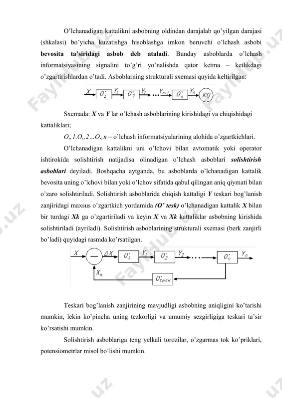 effektlar solishtiriladi. masalan, o’zgarmas tok ko’priklarida o’lchanadigan va aniq qarshiliklarining zanjirlaridan o’tadigan elektr toki solishtiriladi. teng yelkali tarozilarda o’lchanadigan ob’yekt va toshlarning massasi emas, balki shu jismlar hosil qilgan aylantiruvchi momentlar solishtiriladi. o’lchash asboblari ularning ko’rsatishi, chiqishdagi kattalik bilan o’lchandigan kattaliklarning o’zaro bog’liqligi bo’yicha analogli va raqamli asboblarga bo’linadi. analogli asboblar. analogli asboblarda ularning ko’rsatishi o’lchanadigan kattalikning uzluksiz o’zgarish funksiyasiga bog’liq bo’ladi. analogli asboblar yuqori tezkorlikka ega, bundan tashqari asbobning ko’rsatishi bo’yicha o’lchanadigan kattalikning o’zgarishi (raqamliga qaraganda) psixologik jihatdan oson qabul qilinadi (kuzatiladi). lekin, analogli (asosan strelkali) asboblarning aniqligi uning shkalasi bo’yicha kuzatish xatoligi bilan cheklanadi (xatolik odatda 0.05-1% dan kichik bo’lmaydi). raqamli asboblar. raqamli o’lchash asbobi deb, o’lchash borasida uzluksiz o’lchanadigan kattalikning natijasi raqamli qayd etish qurilmasida yoki raqamlarni yozib boruvchi qurilmada diskret tarzda o’zgartirilib, indikasiyalanadigan asboblarga aytiladi. raqamli asboblar, diskret o’lchash usuliga asoslangan bo’lib, asbobning ko’rsatishi raqam ko’rinishida bo’ladi, shu sababli ularning ko’rsatuvlari osongina qayd qilinadi, ularni ehm …