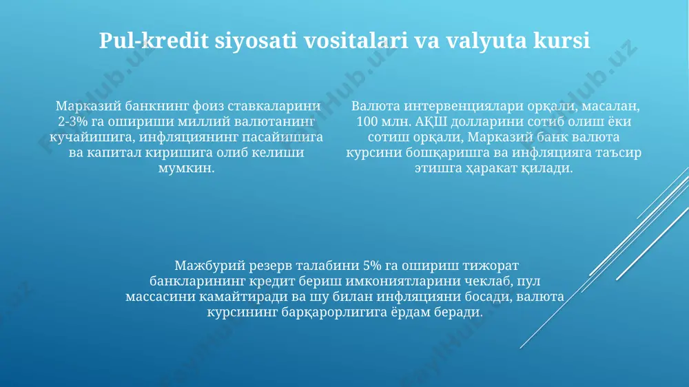 inflyatsiya maqbul deb hisoblanadi. xalqaro tovarlar narxlari va energiya resurslari narxining o'sishi inflyatsiyaga bevosita ta'sir ko'rsatib, valyuta bozorida spekulyativ harakatlar va 10% gacha bo'lgan tebranishlarni keltirib chiqarishi mumkin. valyuta bozorining kelajagi inflyatsiya darajasi bilan bevosita bog'liq bo'lib, 2024 yilda global inflyatsiya 5% dan oshsa, valyuta kurslarining o'zgaruvchanligi 15% ga ko'tarilishi mumkin. valyuta bozori mexanizmlari 2023 йилдаги маълумотларга кўра, доллар/сўм курсининг кундалик ўзгариши ўртача 0,2-0,5% ни ташкил этган, бу валюта бозорининг нисбатан барқарорлигини кўрсатади. валюта бозоридаги таклиф ва талабнинг ўзаро таъсири нархларнинг 10-15% даражасида тебранишига олиб келиши мумкин, бу эса спекулятив операциялар учун имконият яратади. марказий банкнинг валюта интервенциялари миқдори йиллик инфляция даражасига (масалан, 5% дан юқори бўлганда) бевосита таъсир кўрсатади ва бозор барқарорлигини таъминлашга ёрдам беради. inflyatsiya darajasi va investitsiyalar реал фоиз ставкаси манфий бўлганда (инфляция номинал фоиз ставкасидан юқори бўлганда), инвесторлар юқори хавф-хатарли активларга, масалан, кўчмас мулк ёки акцияларга инвестиция киритишни афзал кўришлари мумкин. инфляция даражасининг 2% атрофида барқарорлиги, …