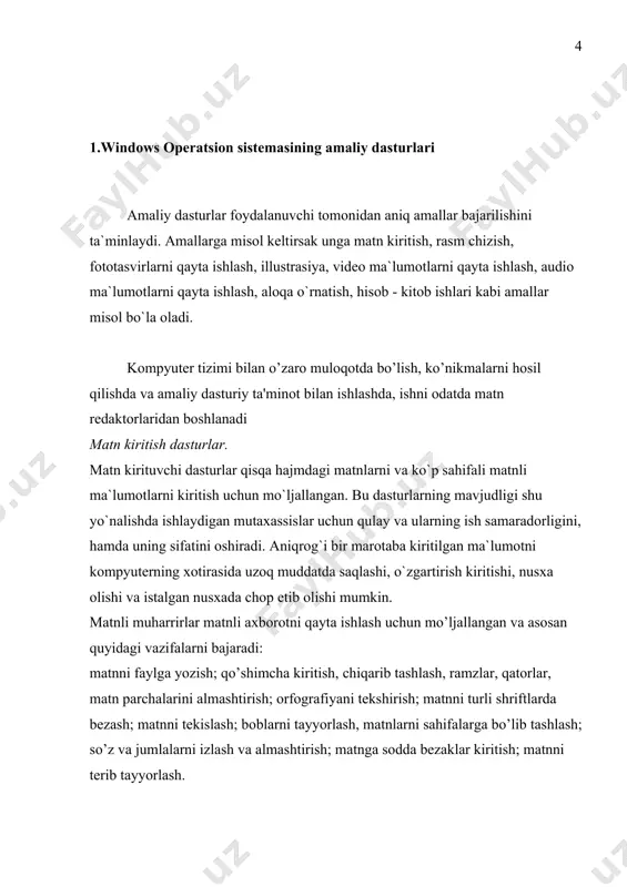 multi-edit kabi dasturlar misol bo’laoladi; - yuqori sifatli matnli ma’lumotlarni, nashriyot mahsulotlarini (reklama varaqalari, blankalar, vizit kartochkalari va h.k.) tayyorlash va ularni bosmaga chiqarishga imkon beruvchi vositalar. bularga winword, word perfect, word star, xywrite, amipro kabi dasturlar misol bo’laoladi; - murakkab nashriyot mahsulotlarini sifatli tayyorlash va ularni sahifalash imkonini beruvchi vositalar. bularga corel wentura, page maker, ventura publisher, quark xpress kabi dasturlar misol bo’laoladi. grafik dasturlar. bunday dasturlar grafik tasvirlarni qayta ishlash va yaratishga muljallangan. grafikaga misol qilib rasm chizish, tasvirlarni qayta ishlash, fotosuratlarni qayta ishlash, 3d yoki uch tomonlama ko`rinadigan ob`yektlarni yaratish, badiiy grafika, illyustrasiya yaratish kabi amallarni olish mumkin. undan tashqari bunday dasturlarda tasvirlardan nusxa olish, tayyor ob`yektlarga o`zgartirish kiritish, uzatish, qabul qilish, kengaytmalarini o`zgartirish, grafo-montajlar qilish hatto matn kiritish kabi amallarni bajarish mumkin. kompyuter grafik dasturlari – bu, avvalo, keng tarqalib borayotgan dastur ta`minotidir, ya`ni kompyuter grafikasi mavjud va yangi yaratilayotgan dasturlarga tayanadi. kompyuter grafikasidan reklamada, multiplikasion …