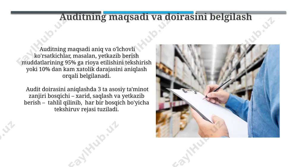 larini tanlash va qo'llash ta'minot zanjiri auditining samaradorligini oshirish uchun kamida 2 xil audit uslubi (masalan, ichki va tashqi audit) qo‘llanilishi va natijalar tahlil qilinishi maqsadga muvofiqdir. audit me'yorlarini tanlashda kamida 3 ta xalqaro standart (masalan, iso 9001, iso 14001, sa 8000) va tegishli milliy qonunchilik talablarini hisobga olish kerak. aniqlangan kamchiliklarni tahlil qilish xarid jarayonida aniqlangan 5 ta asosiy kamchilik: etkazib beruvchilarning tanlanishi, shartnomalarni tuzish, to'lovlarni amalga oshirish, inventarizatsiya nazorati va sifat nazorati bo'yicha 12 ta individual muammo aniqlangan. aniqlangan kamchiliklarning 70%i yetkazib berish muddatlarining buzilishi bilan, 20%i esa sifatsizlik bilan bog'liq ekanligi aniqlandi, bu esa umumiy samaradorlikni 15% ga pasaytirdi. xavflarni boshqarish va ichki nazorat tizimlari moliyaviy hisobotlarning aniqligi va ishonchliligini ta'minlash maqsadida, ichki audit jamoasi yiliga kamida 2 marta, 5 ta asosiy jarayonni tekshiradi. ichki nazorat tizimining samaradorligini baholashda, 10 ta kalit nazorat nuqtasi va ularning 80% dan ortiq bajarilish darajasi muhim ko'rsatkich hisoblanadi. e'tiboringiz uchun rahmat …