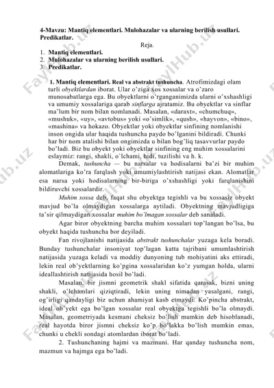 mantiq elementlari. mulohazalar va ularning berilish usullari. predikatlar. — DOCX