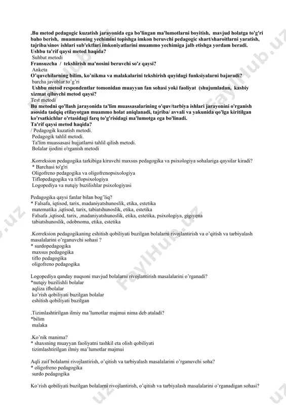 keltirish;. / xotirani mustahkamlash; / hamma javoblar to’g’ri. . ta’lim nima? * ta’lim / ma’lum maqsadga yo’naltirilgan, rejali ravishda amalga oshiriladigan pedagog/talaba/pedagog muloqotidir / ta’lim – o’quv jarayoni. / ta’lim – o’quv faoliyati natijasi / ta’lim / pedagog va talabaning o’zaro muloqoti . boshqa odamlarning psixik holatlarini tushunish va ularga hamdarlik qobiliyatning qaysi turiga kiradi? * empatik; / didaktik; / konstruktiv; /kamunikativ . «texnologiya» so’zining lug’aviy ma’nosi. * «texne»/ma’horat, san’at, «logos»/tushuncha, ta’limot. / «texne»/texnika, «logos»/ta’limot,fan taraqiyyoti / texnologiya / ishlab chiqarish usuli. / texnologiya /buyumni tayyorlash jarayoni pedagogik texnologiya tushunchasi ta’lim tajribasida necha darajada qo’llaniladi? * 3 darajada/ umum pedagogik, metodik, lokal darajada. / 1 darajada / psixologik darajada. / 2 darajada / qonuniy darajada, noqonuniy darajada. / hech qanday darajada qo’llanilmaydi . «texnologiya» tushunchasining ta’rifi. * texnologiya / tayyor ma’sulot olish uchun ishlab chiqarish jarayonlarida qo’llaniladigan usul va metodlar majmui . / texnologiya / tayyor ma’sulot olish usuli va …